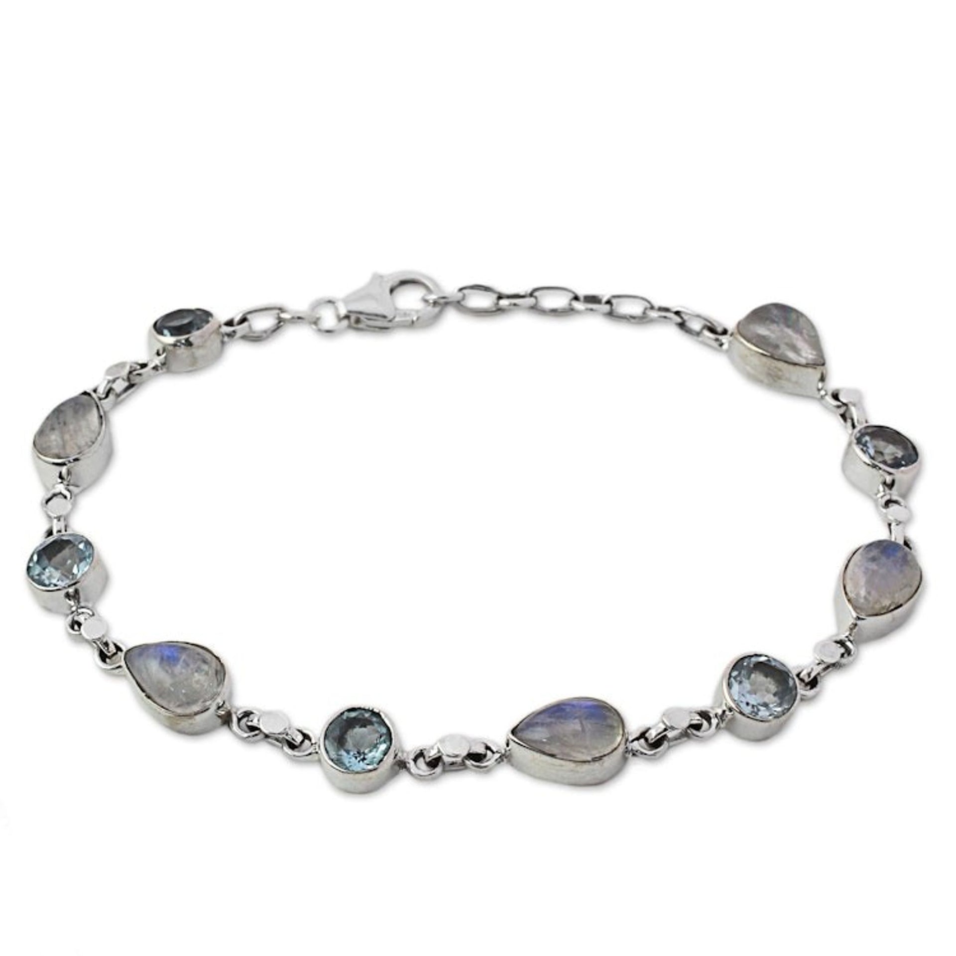 Blue Topaz and Rainbow Moonstone Gemstone Station Bracelet 'Misty Sky'