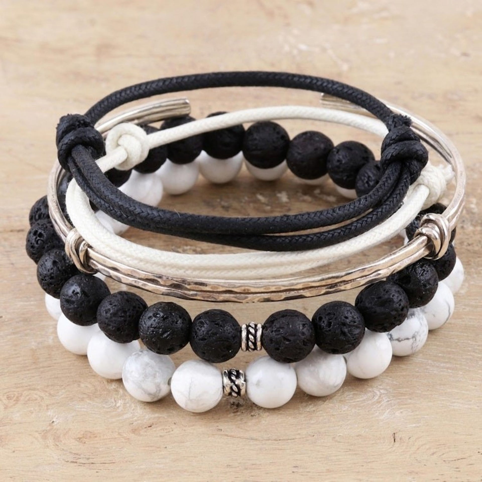 Assorted Cotton Cord and Howlite Beaded Bracelets Set of 5 'Delhi Dreams'