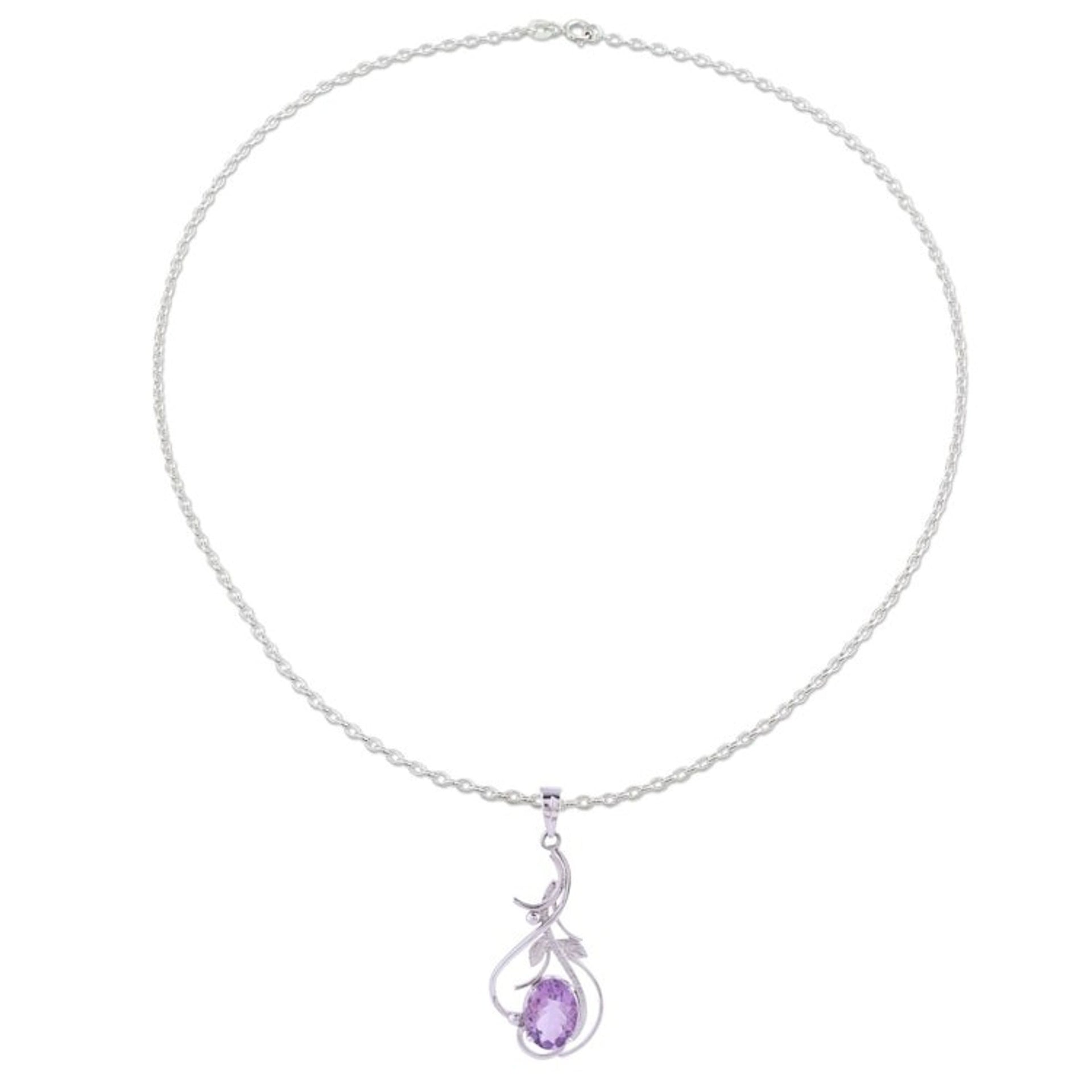 Rhodium Plated Amethyst Pendant Necklace from India 'Wisteria Vines'