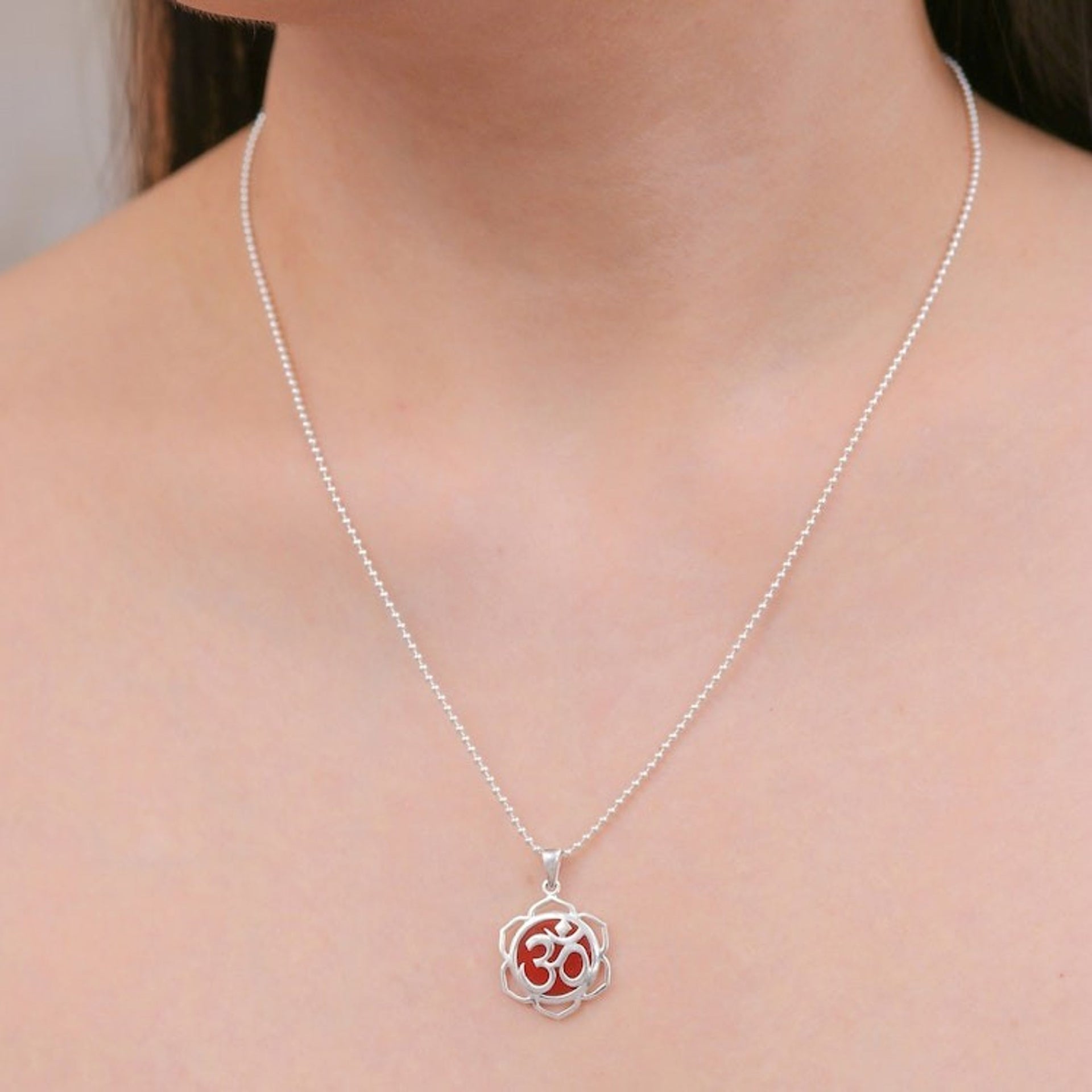 Floral Om-Themed Carnelian Pendant Necklace from Thailand 'Sacred Fire Bloom'