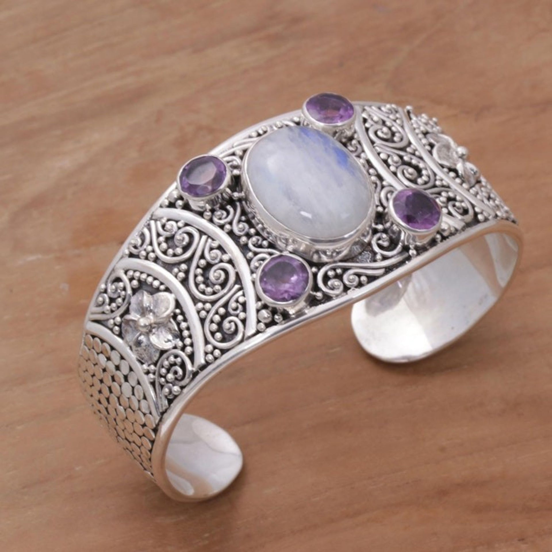 Rainbow Moonstone and Amethyst Cuff Bracelet from Bali 'Misty Bouquet'