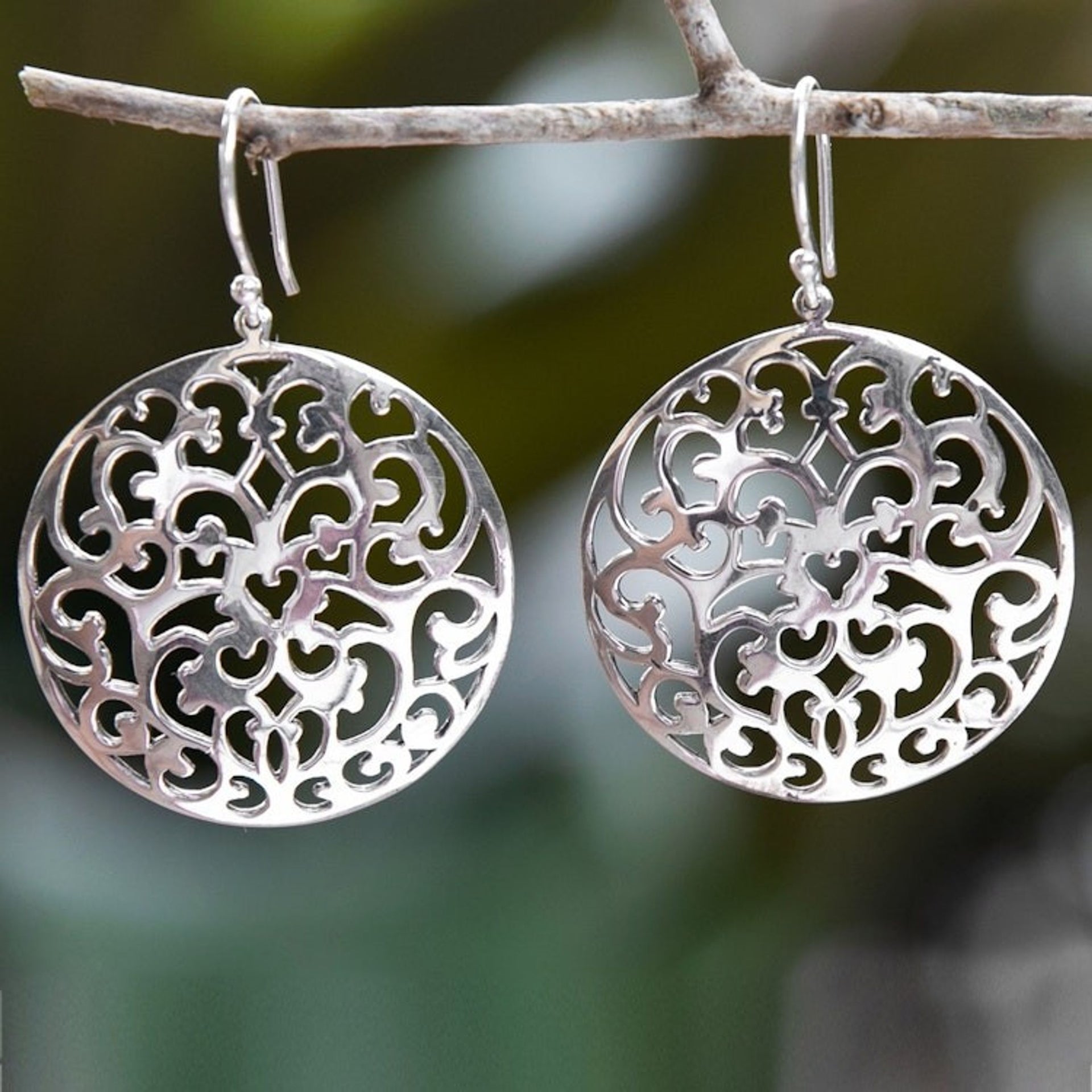 Traditional Leafy Round Sterling Silver Dangle Earrings 'Eden of Love'