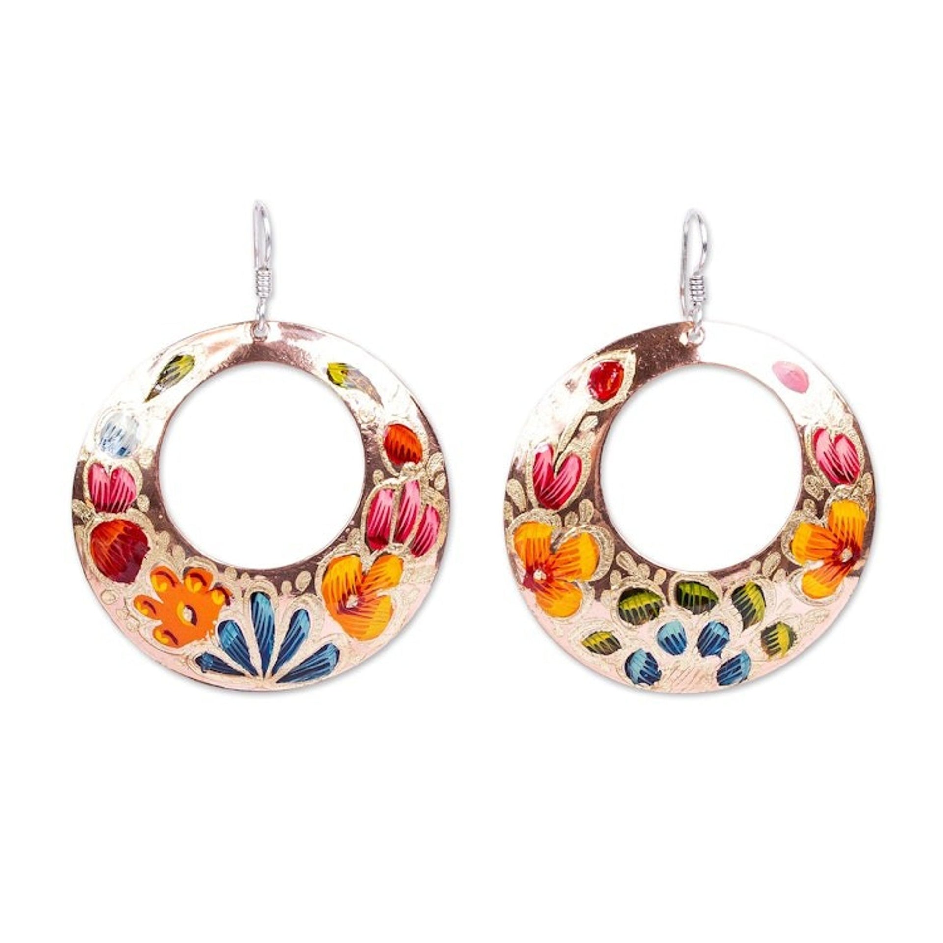 Reclaimed Copper Hand Painted Dangle Earrings from Mexico 'Floral Wreath'