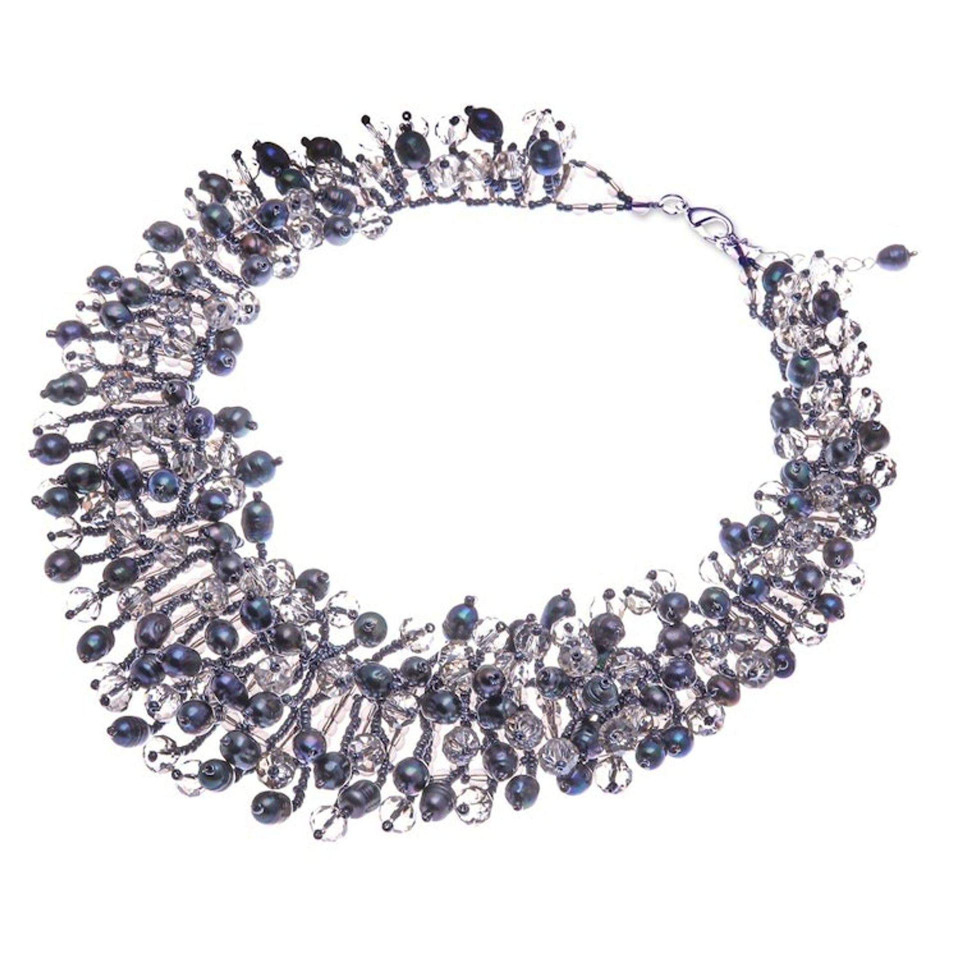 Clear Glass Beaded Waterfall Necklace with Black Pearls 'Rain of Mystery'