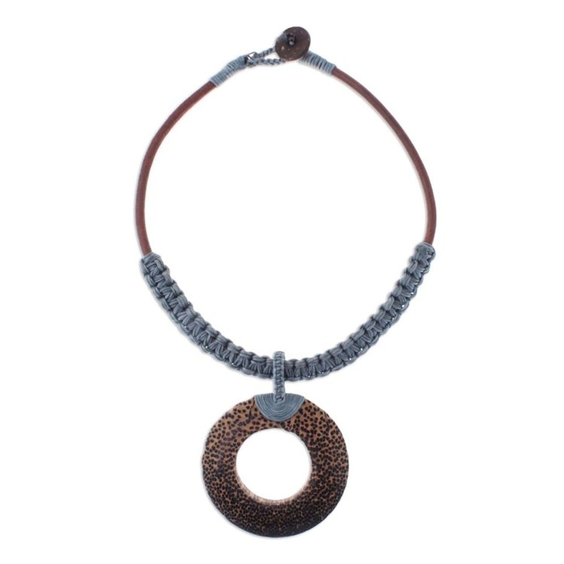 Handcrafted Coconut Wood and Leather Cord Pendant Necklace 'Earth Ring in Grey'