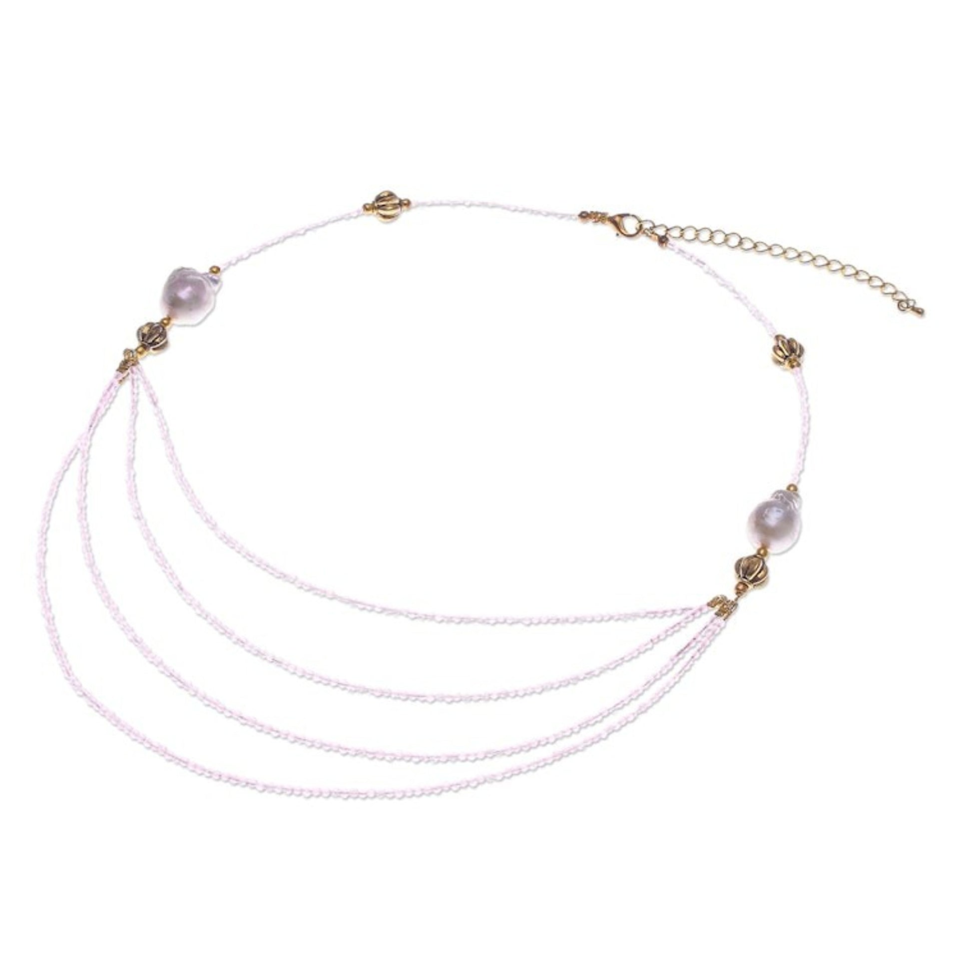 18k Gold-Accented Pearl and Rose Quartz Pendant Necklace 'Icy Shores in Pink'