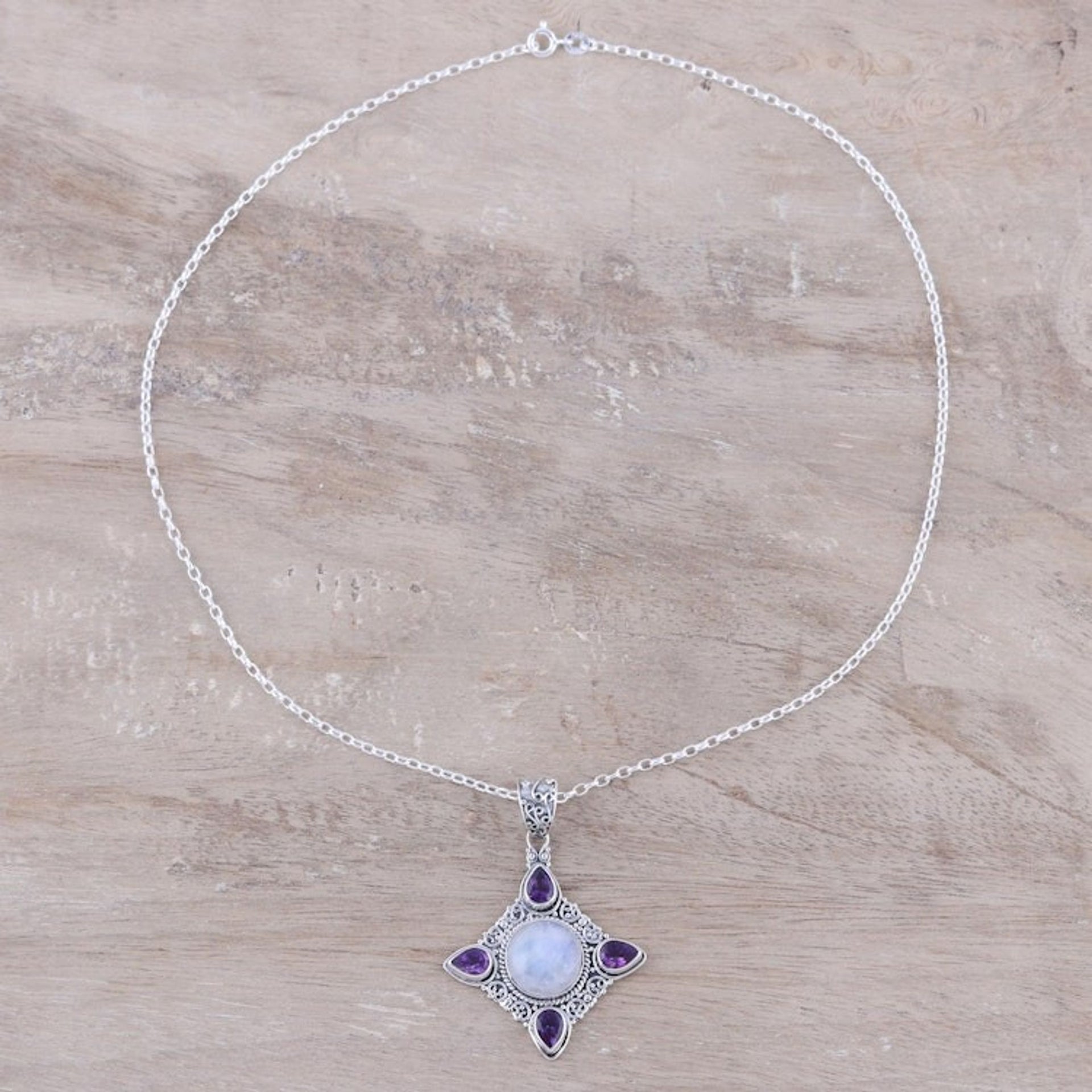 Amethyst and Rainbow Moonstone Silver Pendant Necklace 'Eternal Delight'