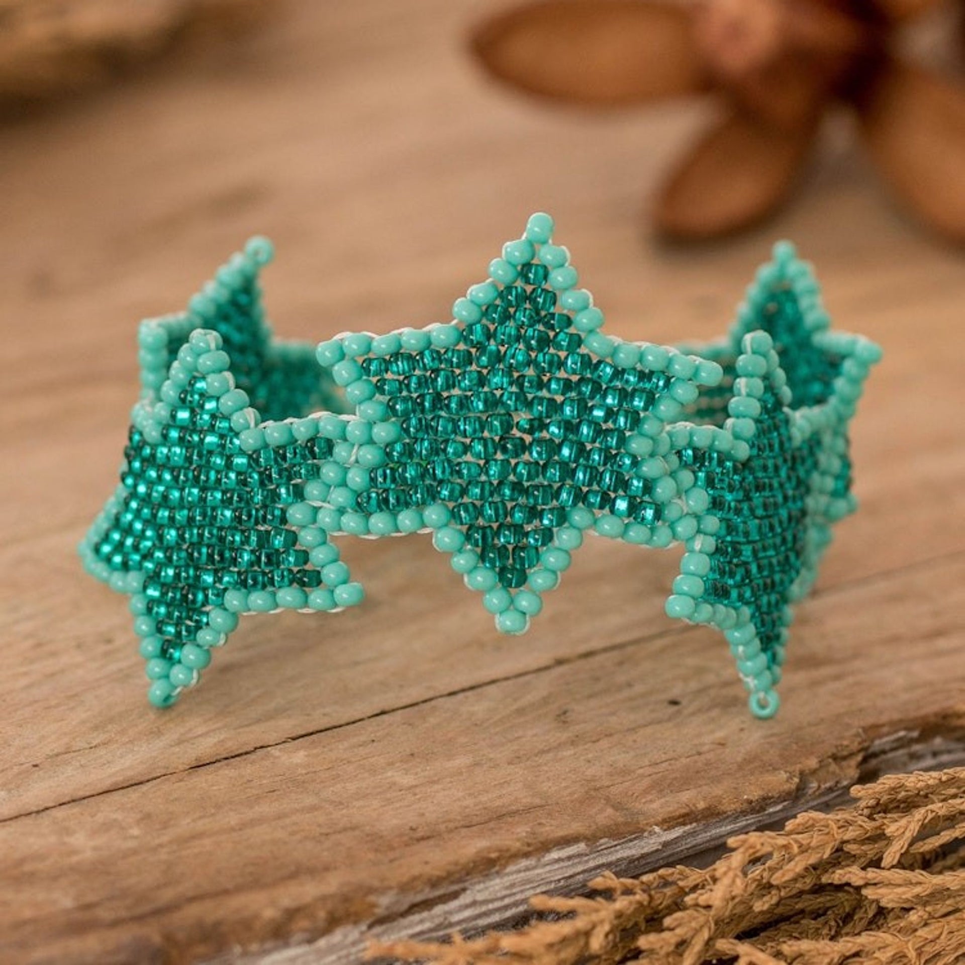 Aqua Turquoise Handcrafted Beaded Bracelet with Star Motif 'Turquoise Starlight'