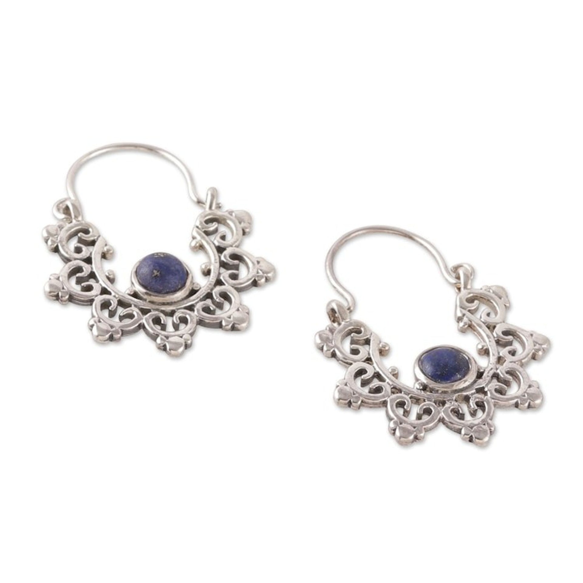 Polished and Oxidized Lapis Lazuli Cabochon Hoop Earrings 'Blue Diadems'