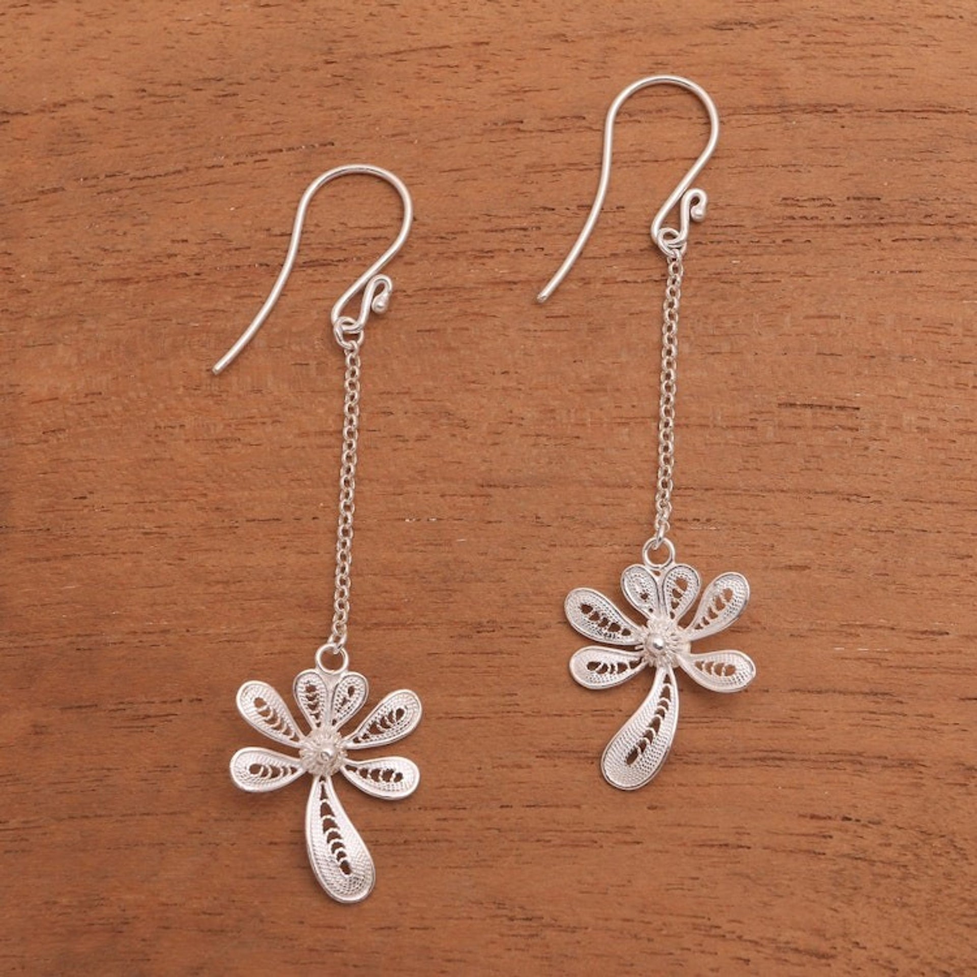 Sterling Silver Filigree Dangle Earrings Crafted in Java 'Wondrous Kinjeng'