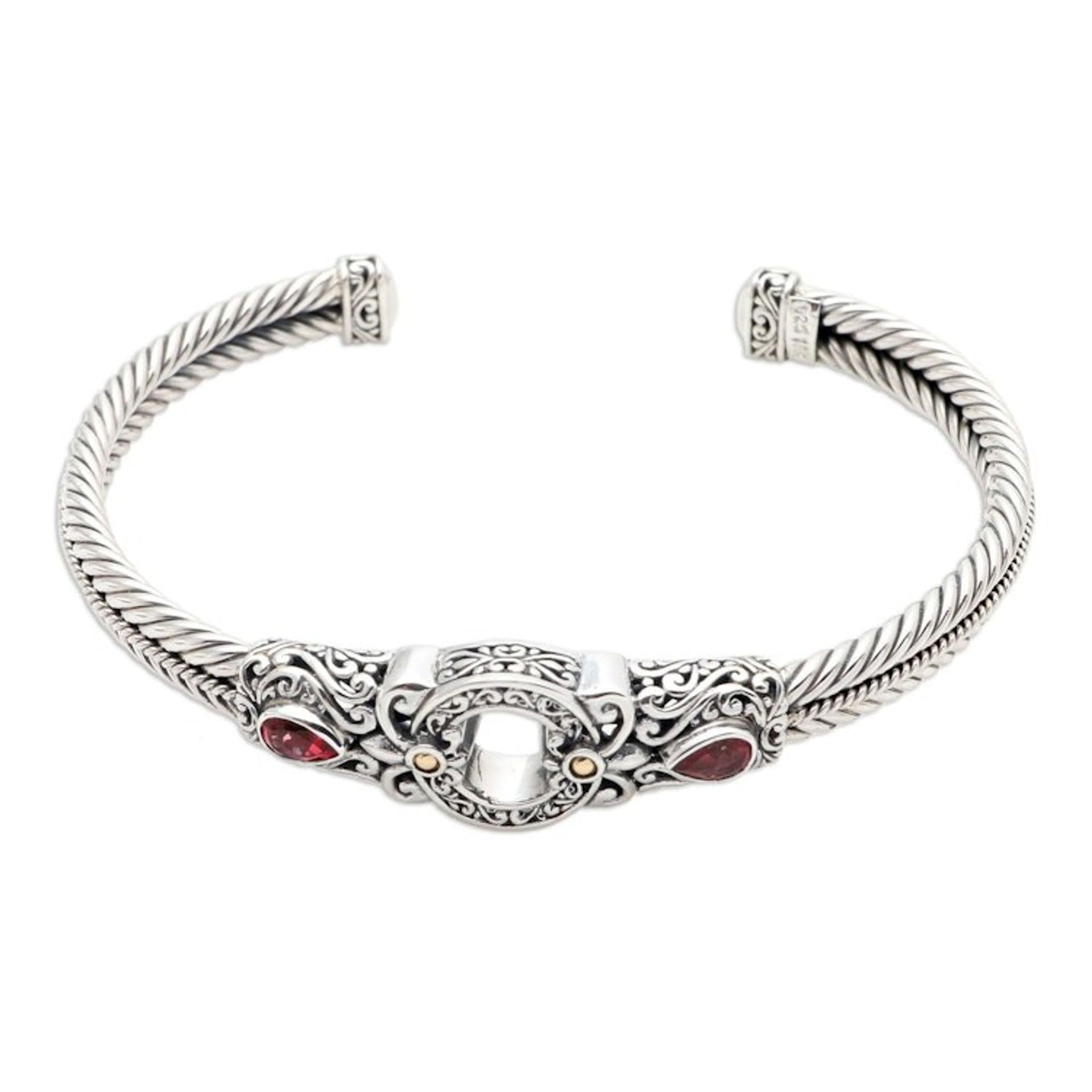 Sterling Silver and Garnet Cuff Bracelet from Bali 'Fiery Gate'