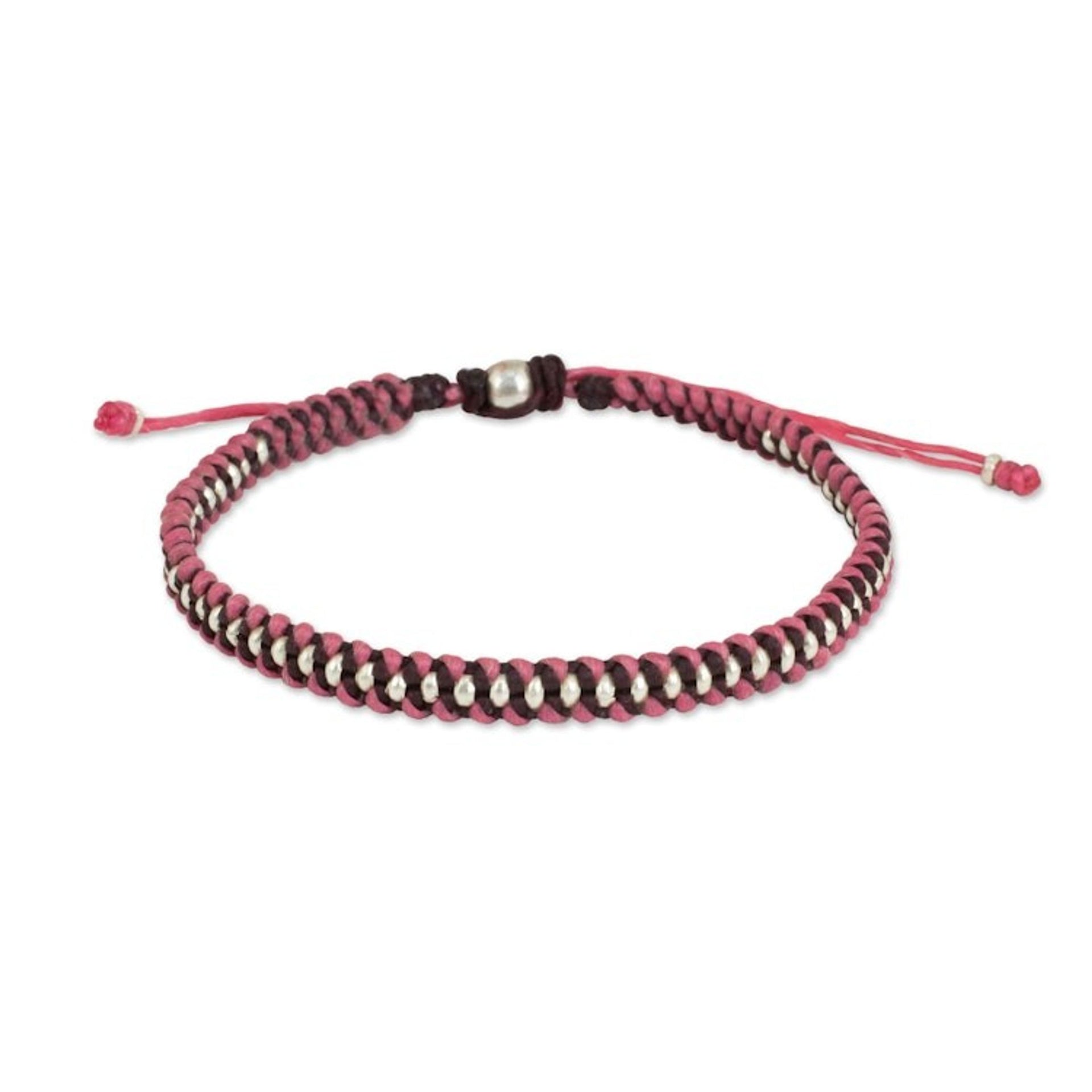 Pink and Maroon Wristband Bracelet with Silver Beads 'Pink Maroon Progression'