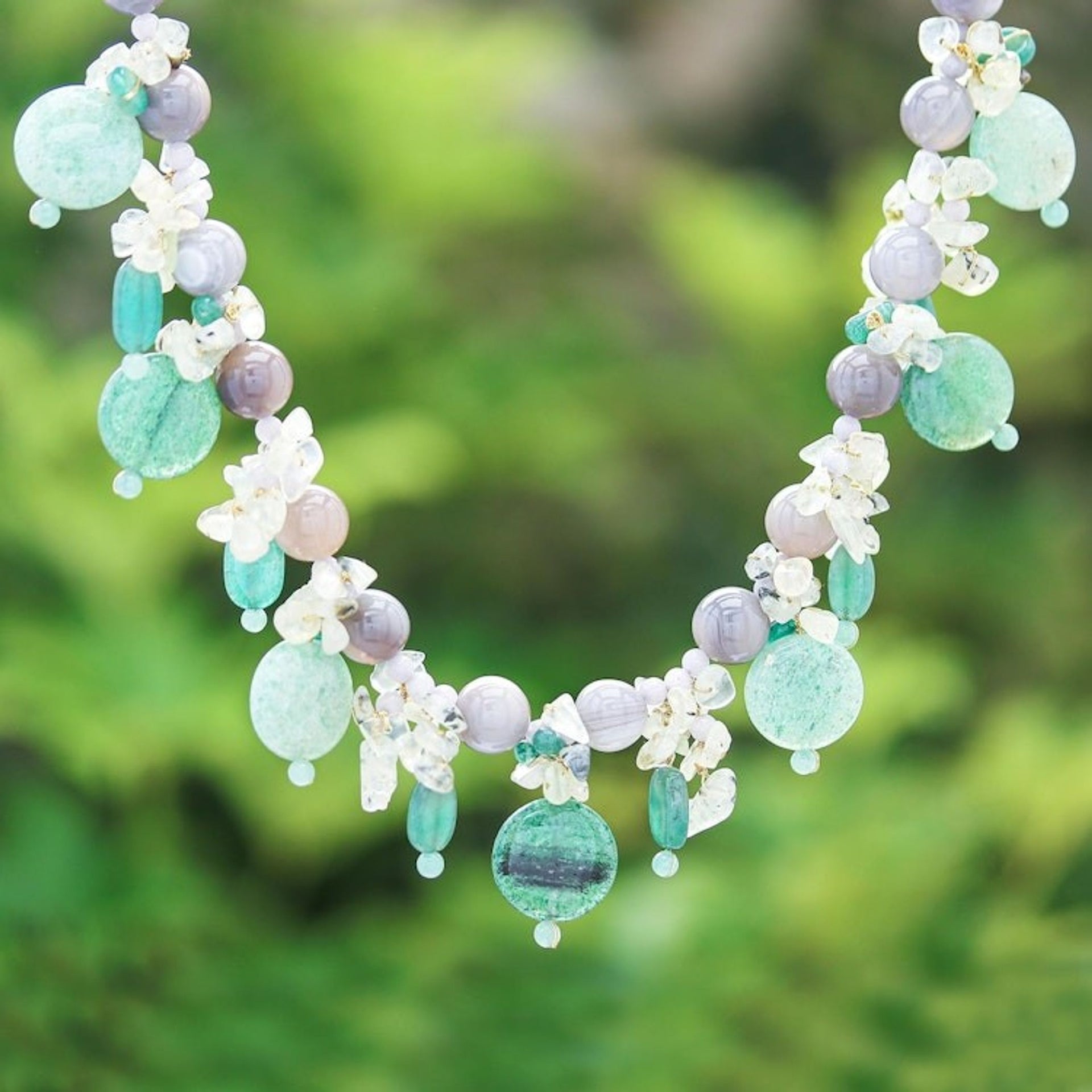 Thai Agate and Quartz Beaded Necklace 'Sea Candy in Forest'