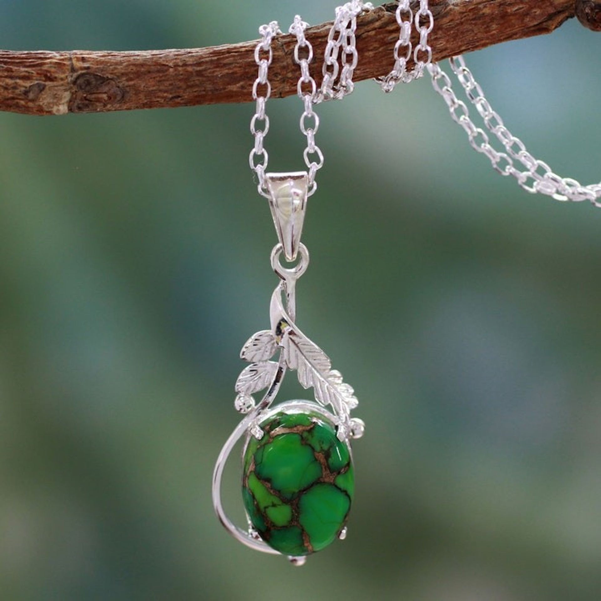 Green Composite Turquoise Jewelry in a Silver Necklace 'Verdant Elegance'