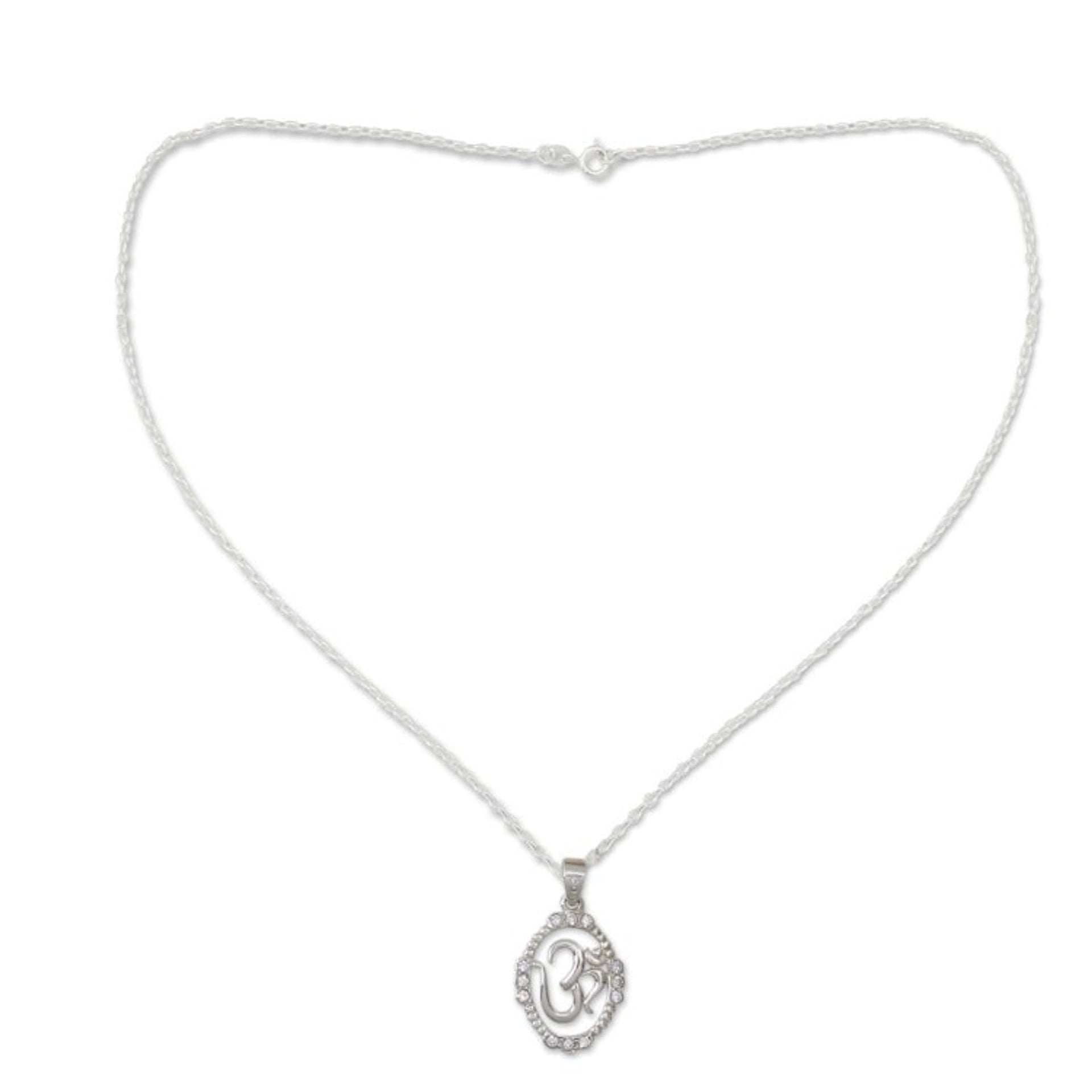 Hand Crafted CZ and Silver Necklace from India 'Peaceful Om'