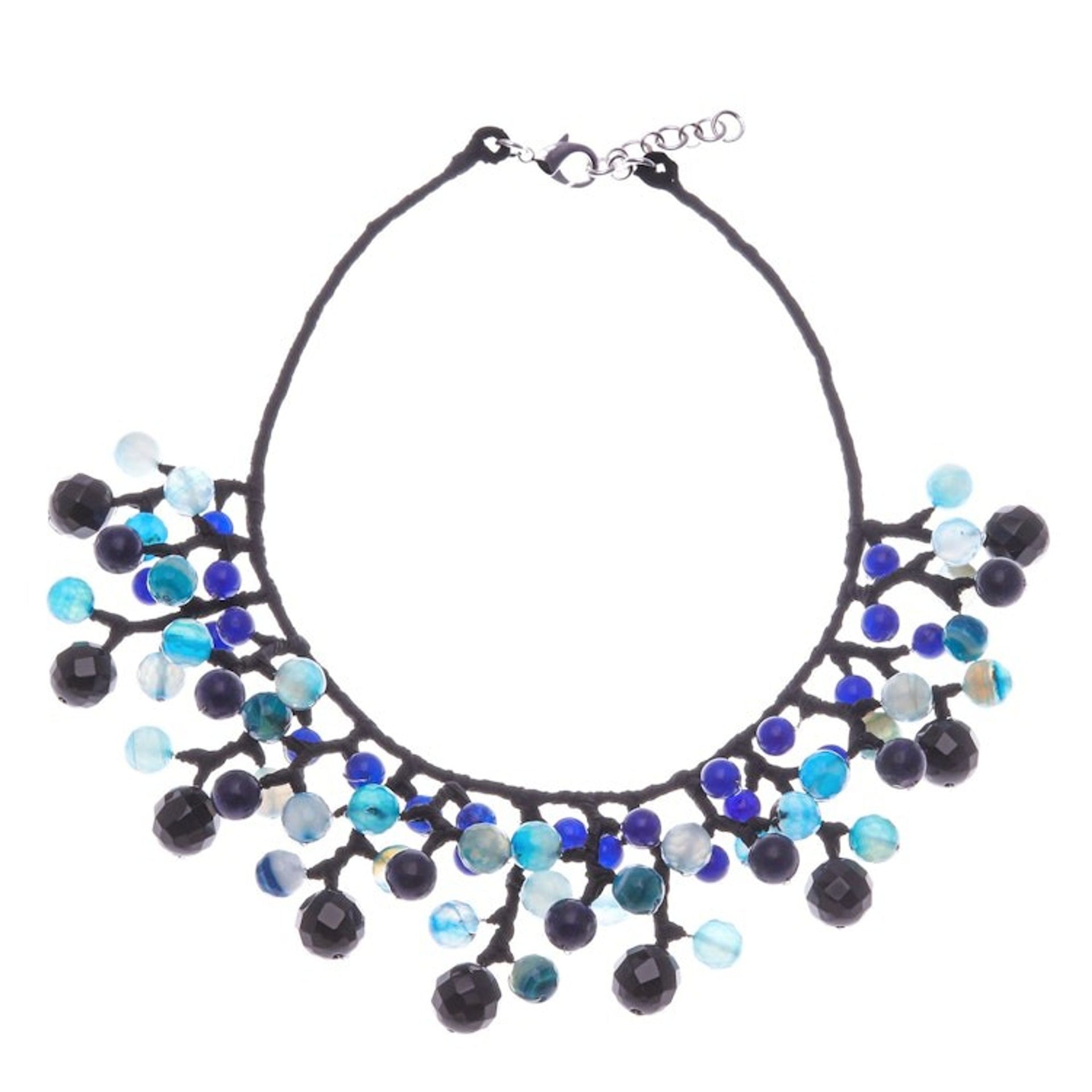 Blue and Black Multi-Gemstone Waterfall Choker Necklace 'Sea Bubbles'