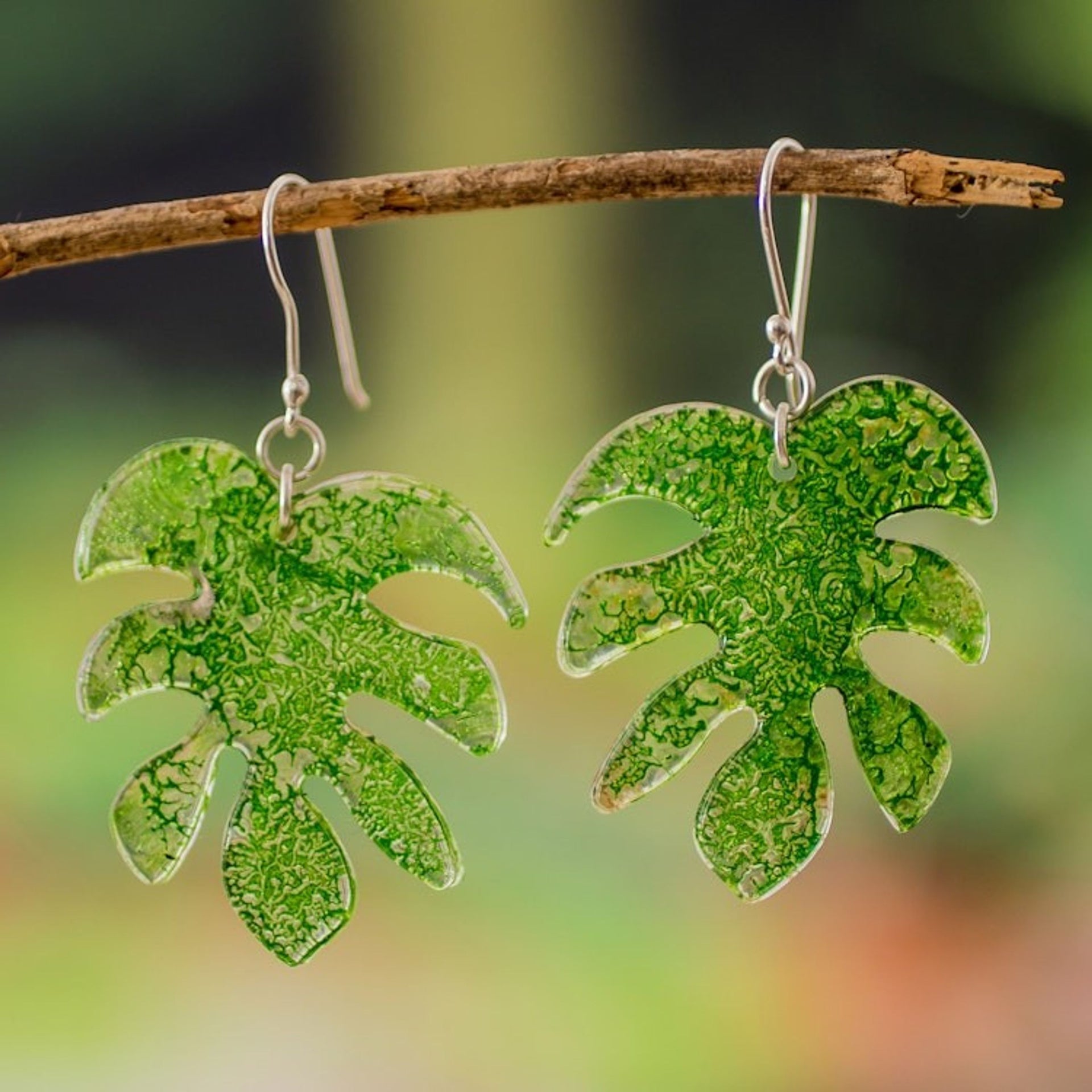 Leaf-Shaped Bright Green Recycled CD Dangle Earrings 'Forest Grace'