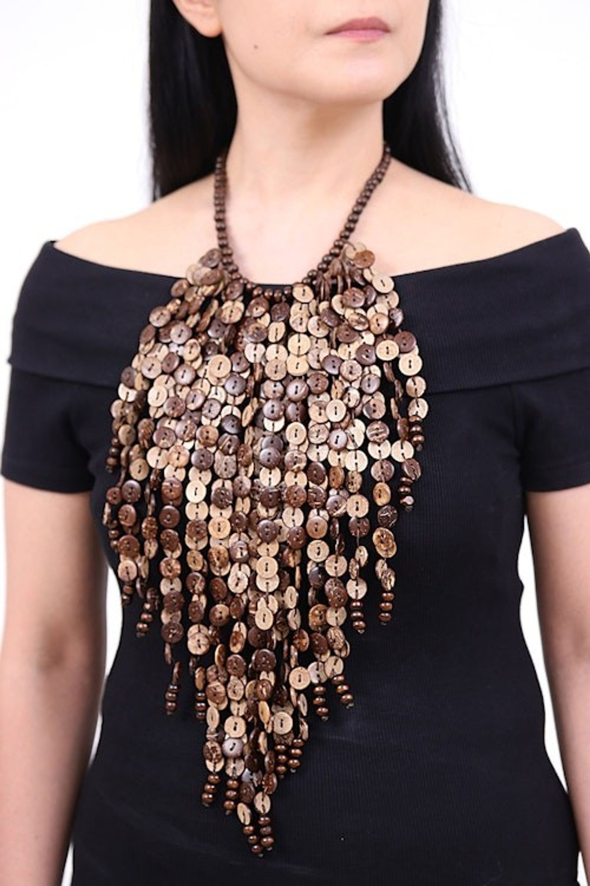 Tropical Wood and Coconut Shell Waterfall Necklace 'Tropical Waterfall'