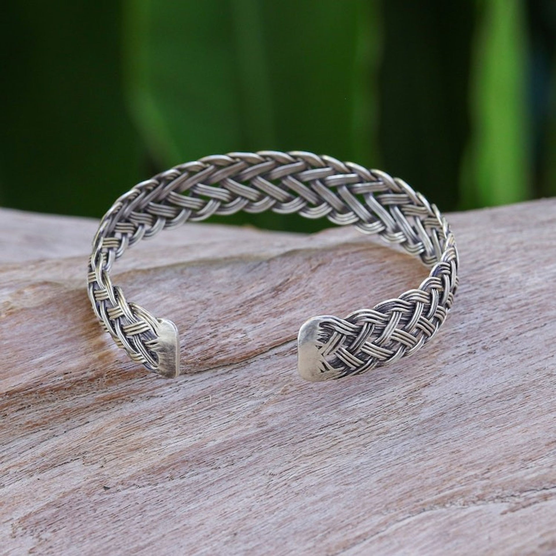 Silver Cuff Bracelet with Polished Basketweave Pattern 'Dazzling Ties'