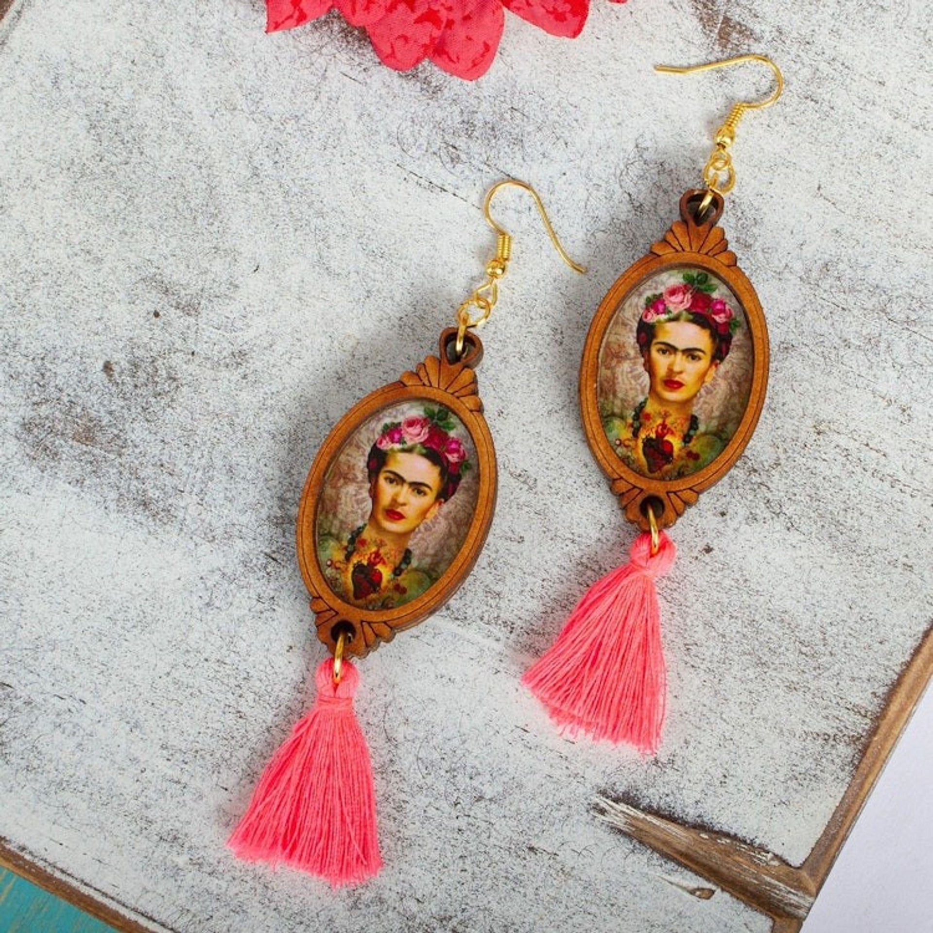 Handcrafted Frida Kahlo Sacred Heart Wood Dangle Earrings 'Heartfelt Frida'