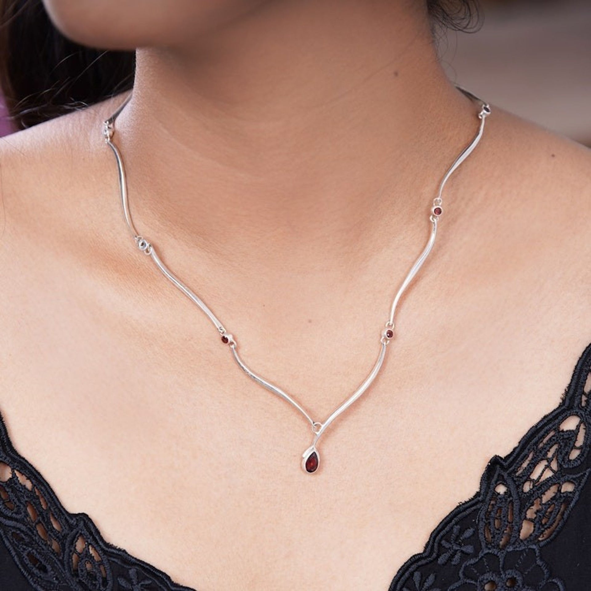 Handcrafted Sterling Silver and Garnet Necklace 'Silver Tendrils'
