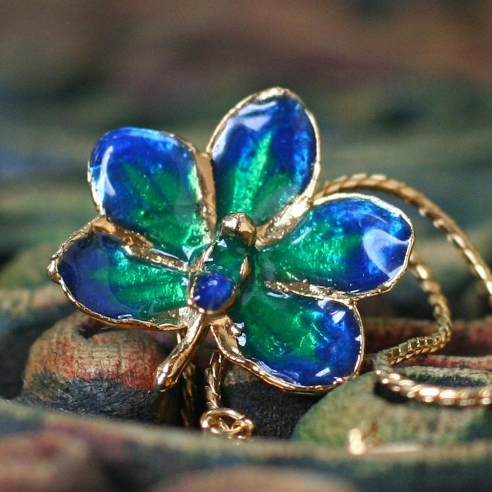 Fair Trade Gold Plated Natural Orchid Pendant Necklace 'Aqua Perfection'