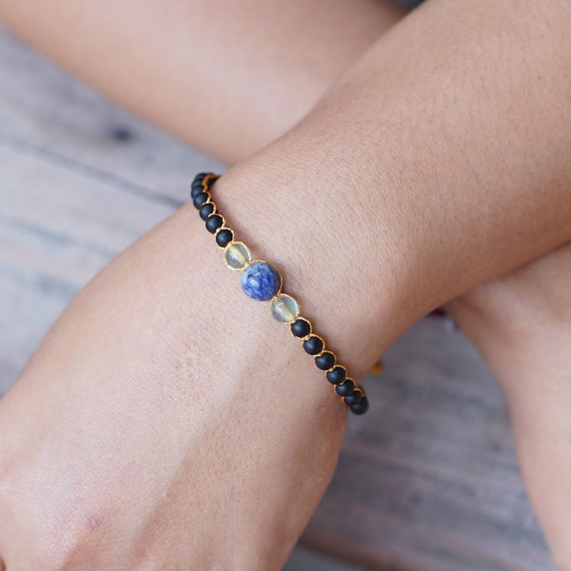 Handcrafted Onyx Bracelet with Fluorite and Sodalite Beads 'Intuition in Darkness'