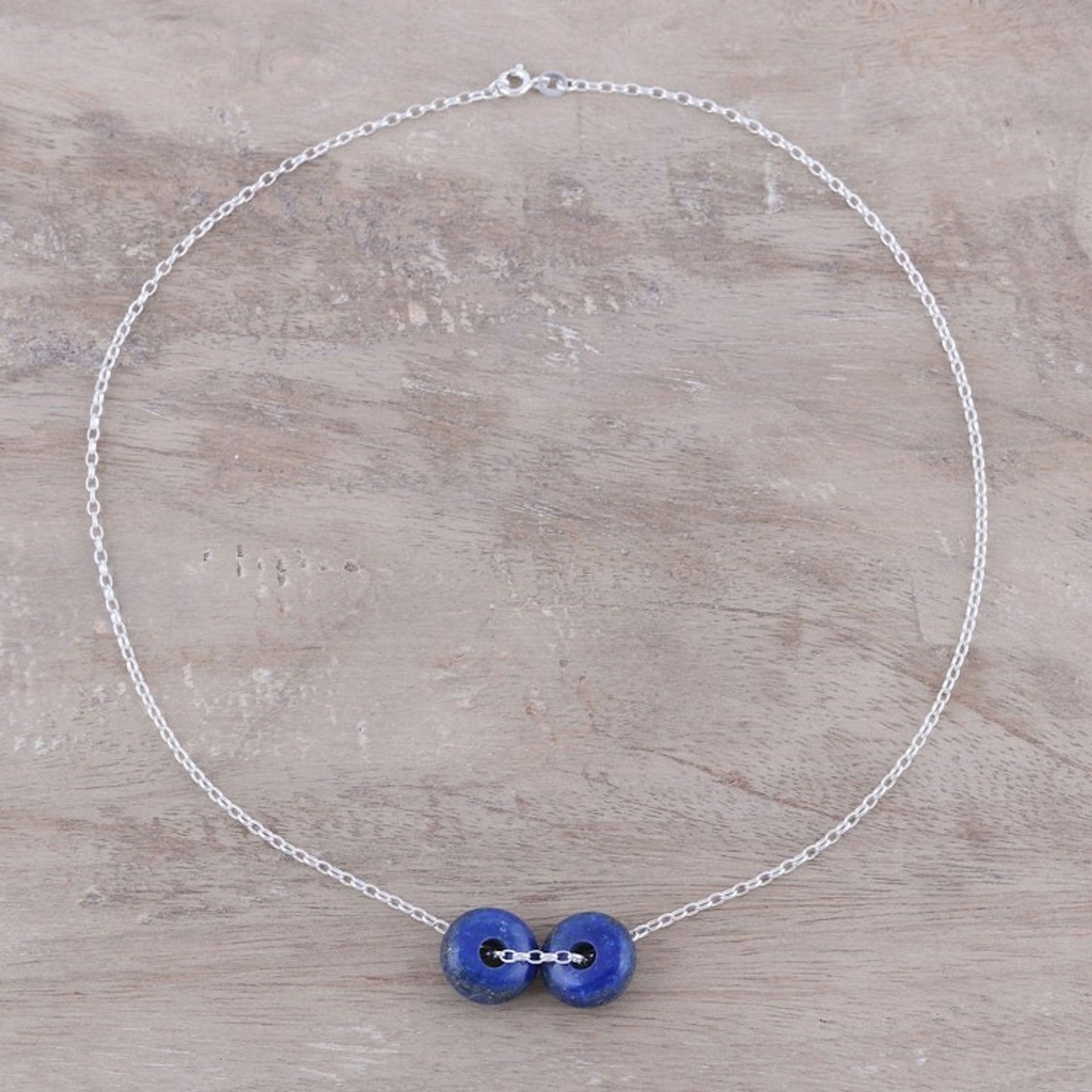 Lapis Lazuli Double Disc Sterling Silver Pendant Necklace 'Delightful Duet'