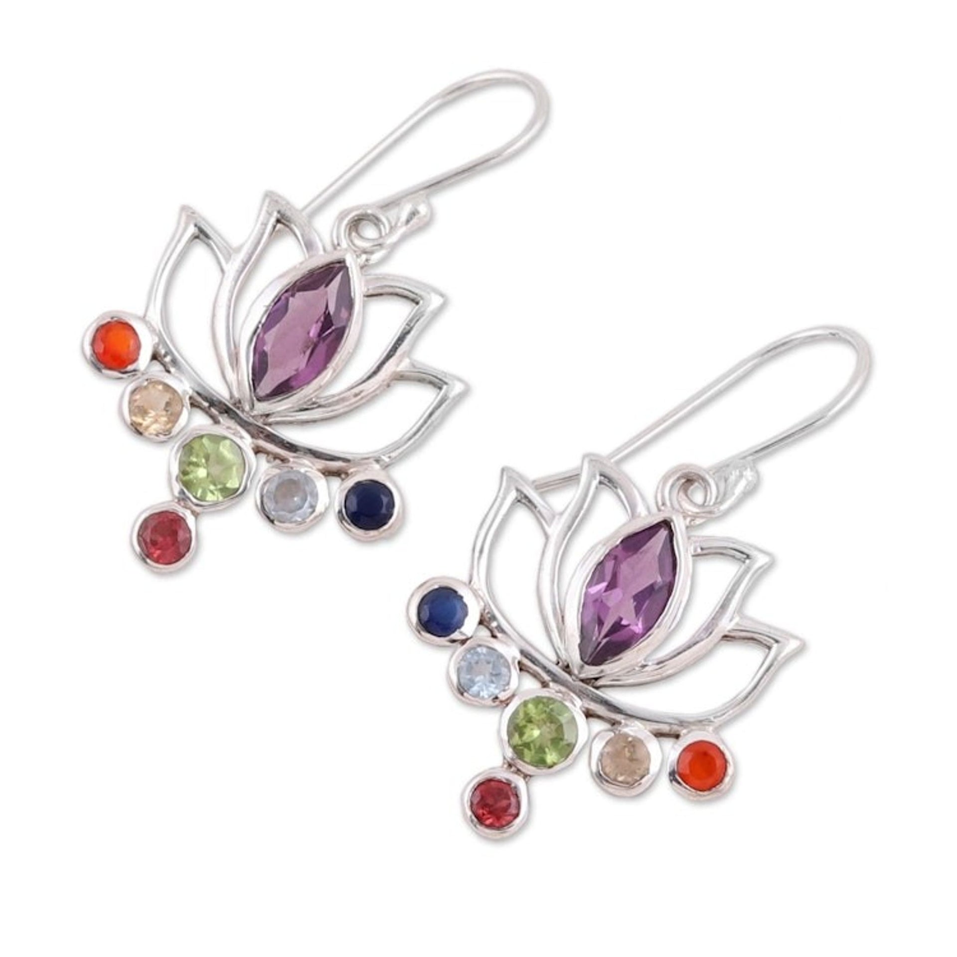 Floral Multi-Gemstone Chakra Dangle Earrings from India 'Lotus Chakra'