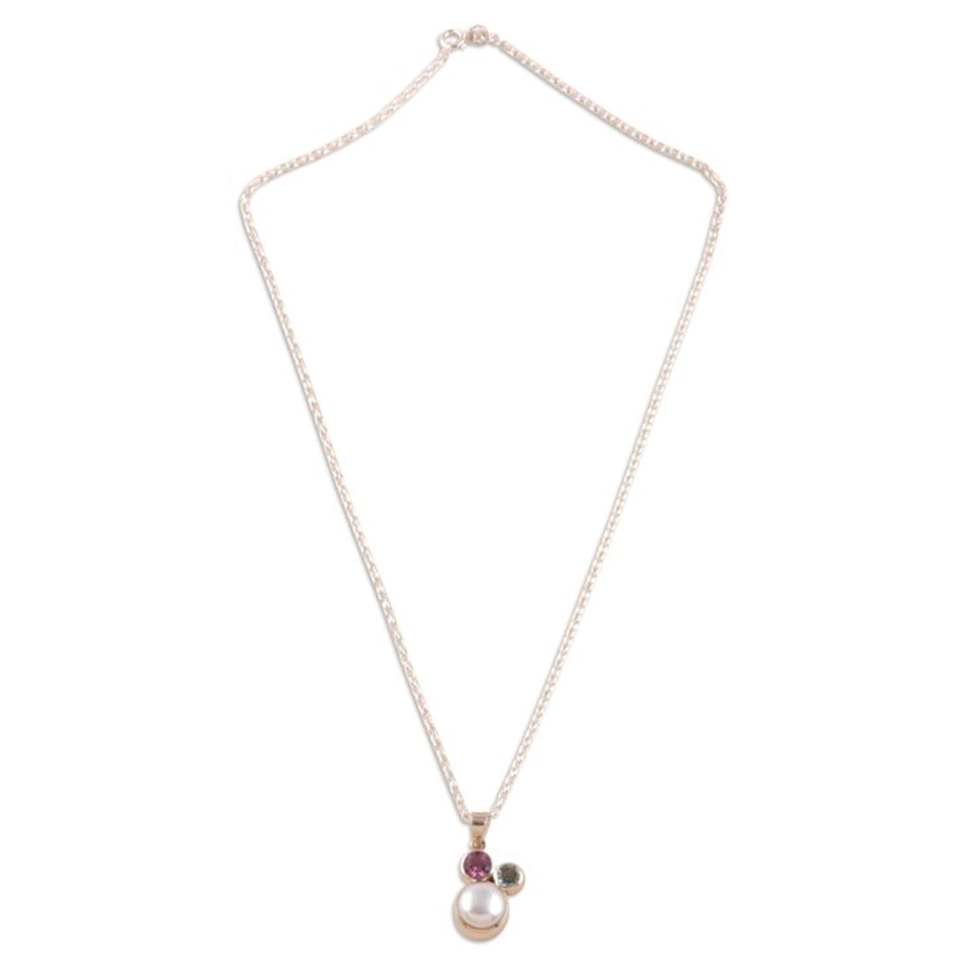 Pearl Amethyst Blue Topaz Sterling Silver Pendant Necklace 'Triple Splendor'