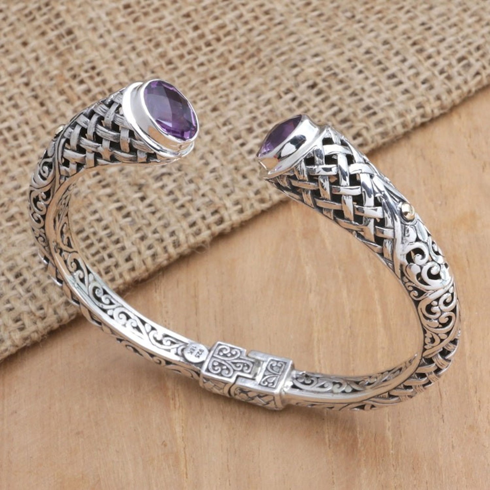 Sterling Silver Cuff Bracelet with Faceted Amethyst Stones 'Purple Heritage'