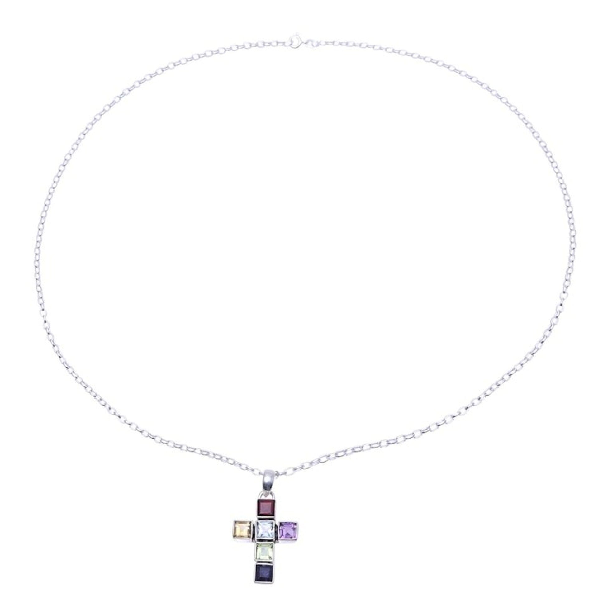 Multi-Gemstone Cross Pendant Necklace from India 'Dazzle with Faith'