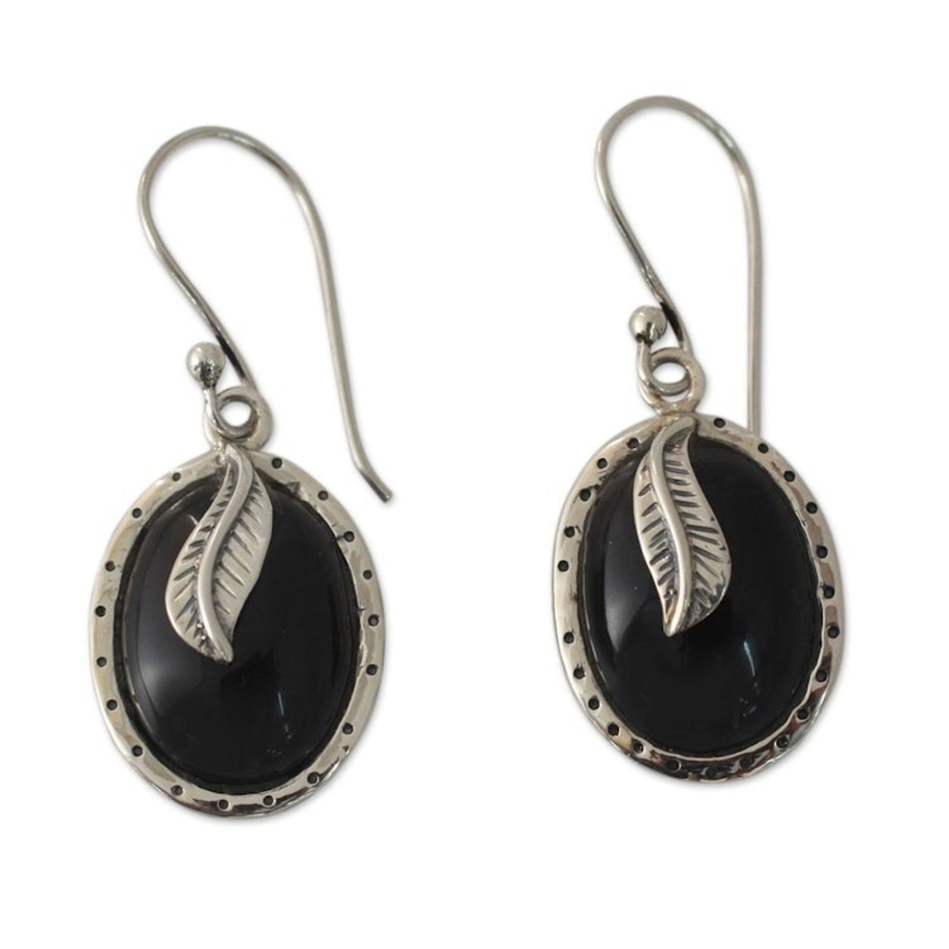 India Fair Trade Onyx and Sterling Silver Dangle Earrings 'Tender Leaves'