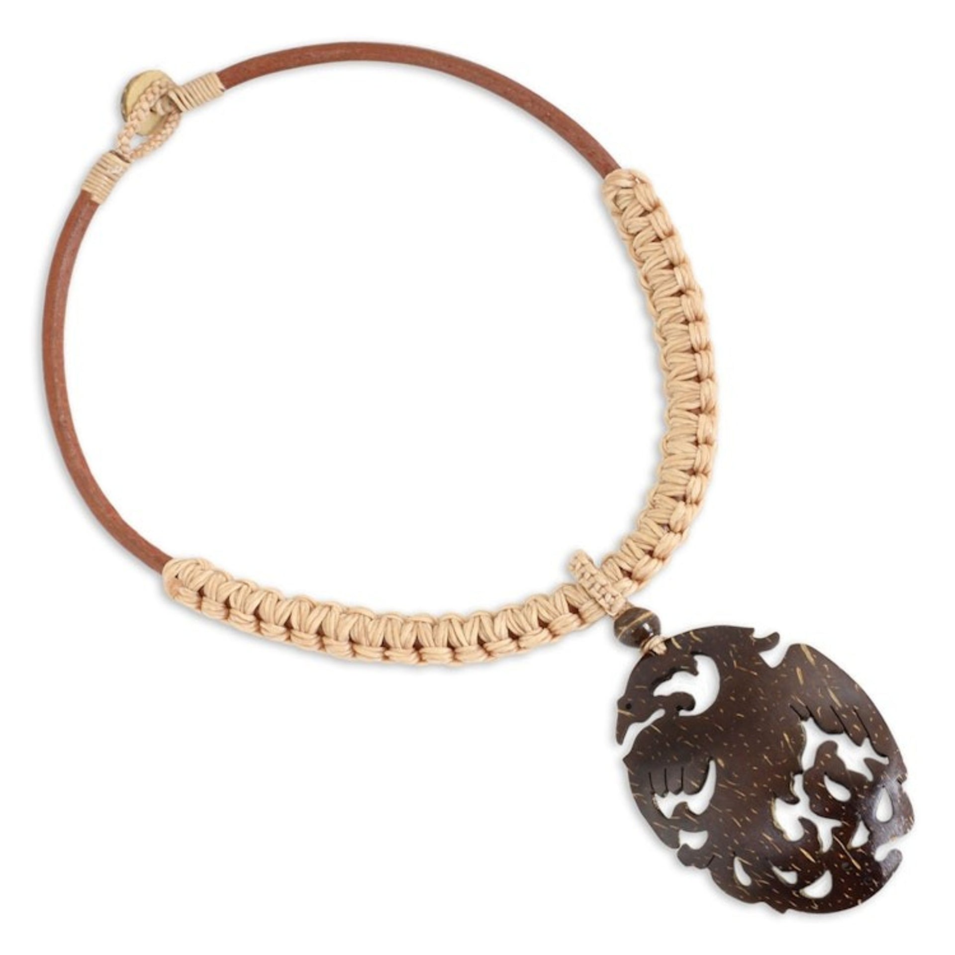 Hand Carved Coconut Shell Pendant on Leather Necklace 'Thai Phoenix in Light Tan'