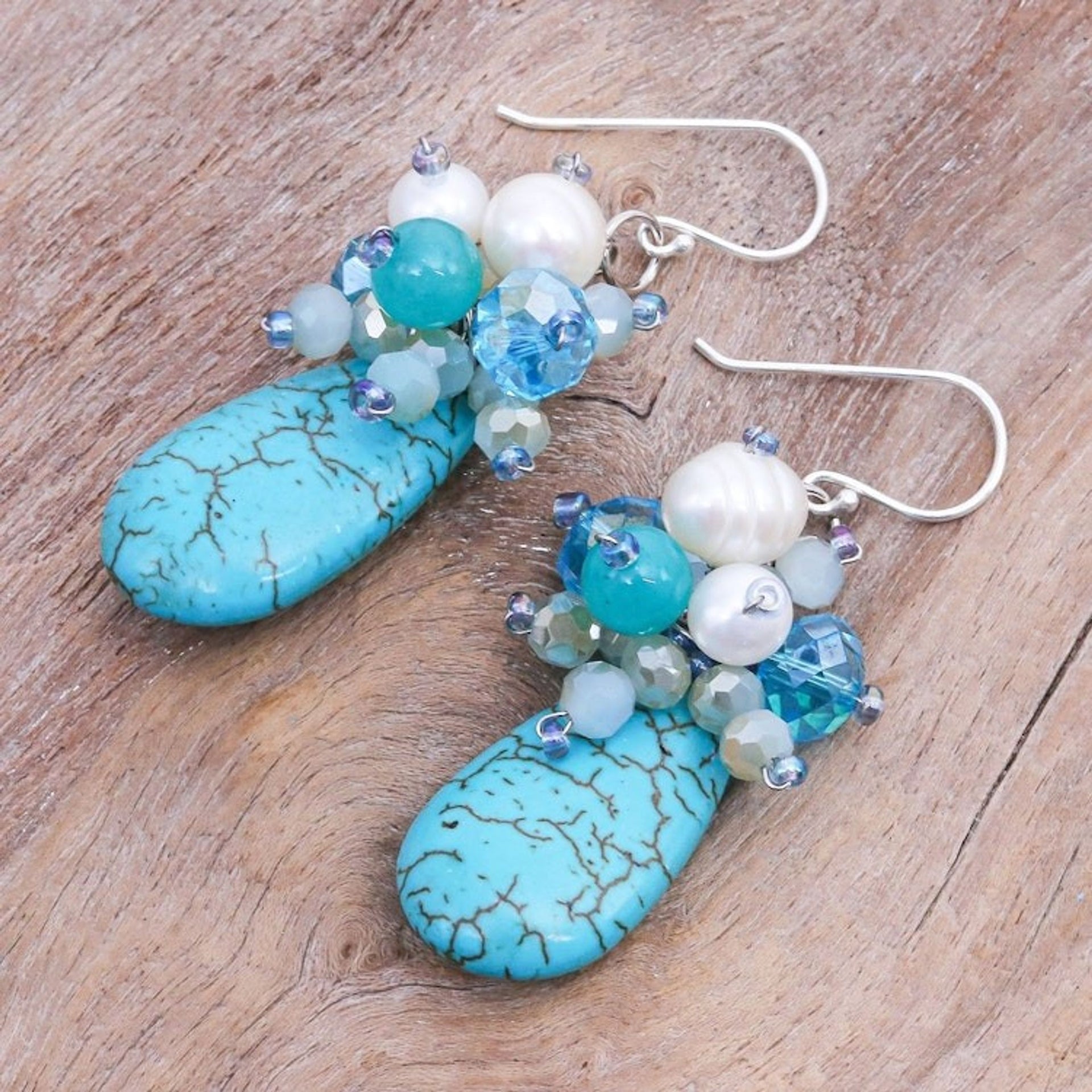 Howlite and Cultured Freshwater Pearl Dangle Earrings 'Space Candy in Blue'