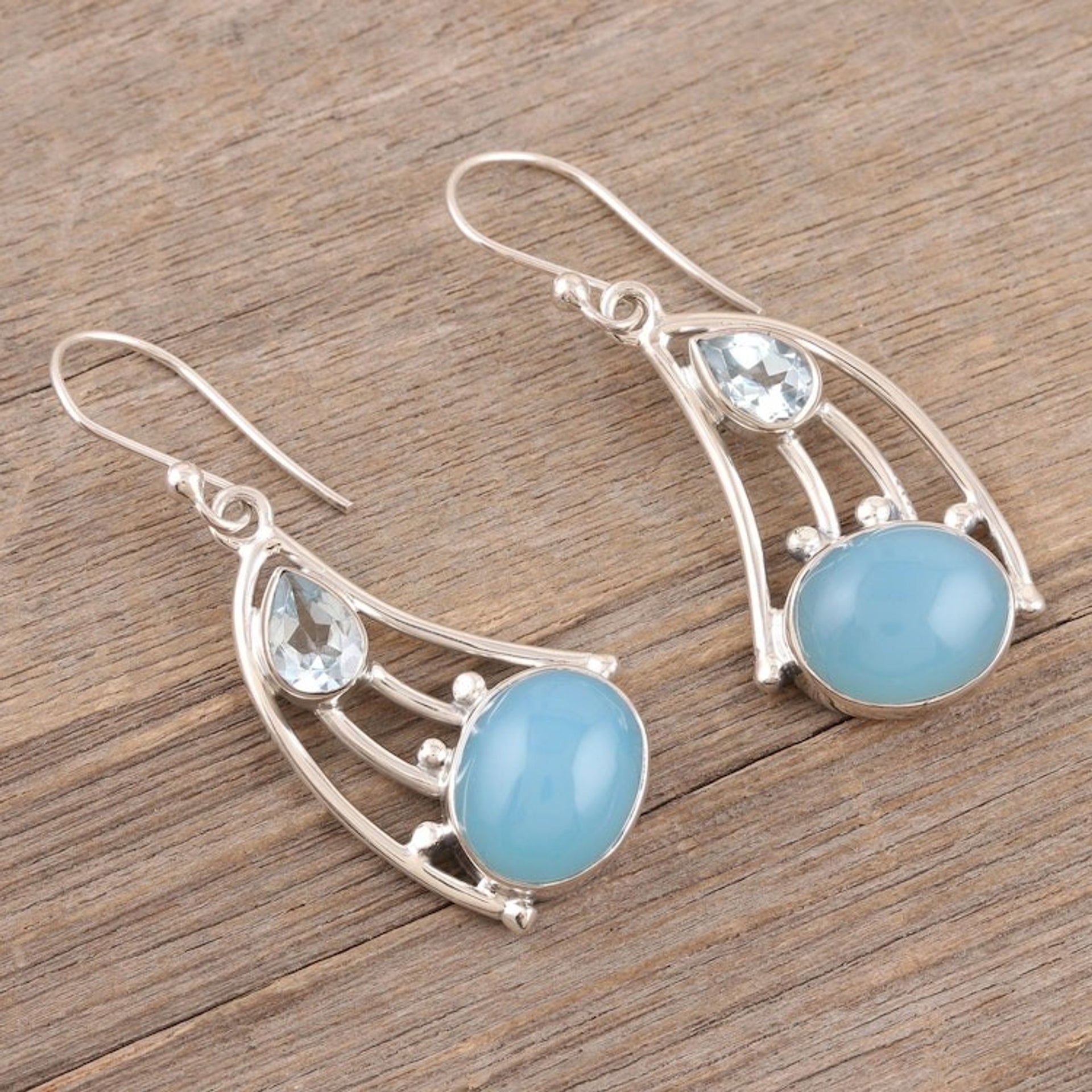 Blue Topaz and Chalcedony Dangle Earrings from India 'Blue Glare'