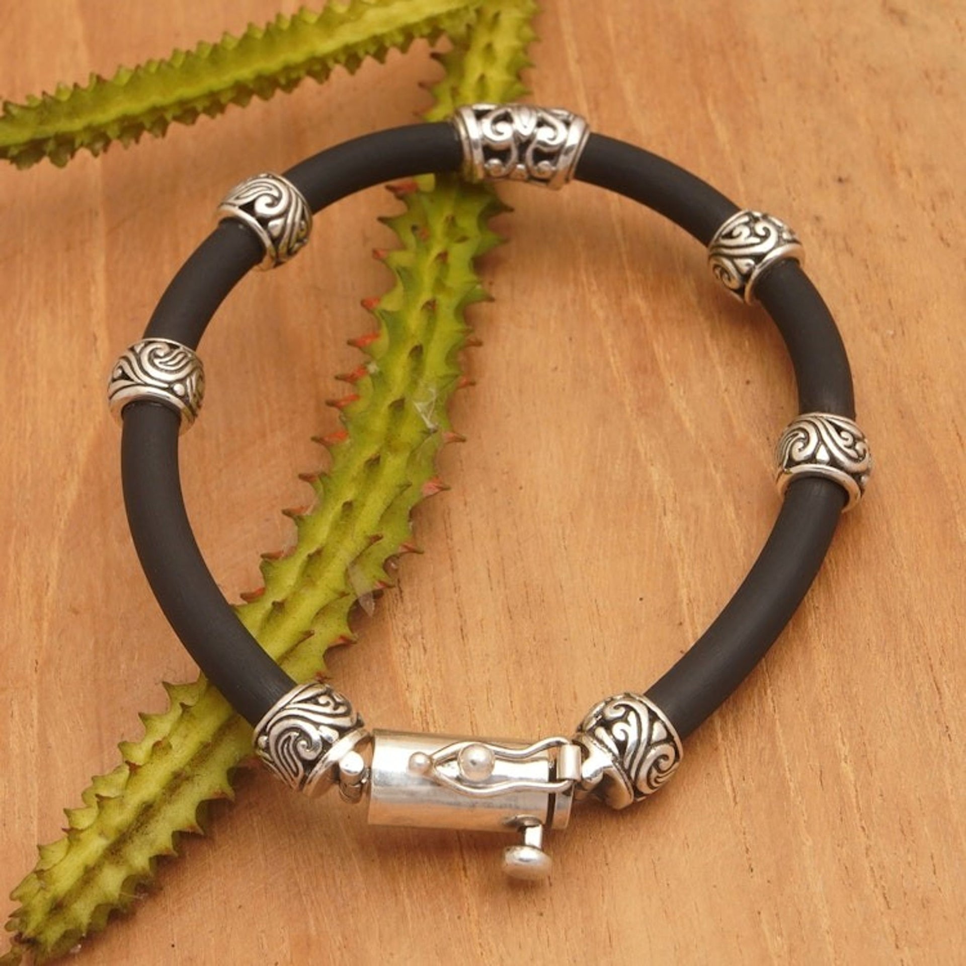 Balinese Men's Cord Bracelet with Sterling Silver Beads 'Noble and Strong'