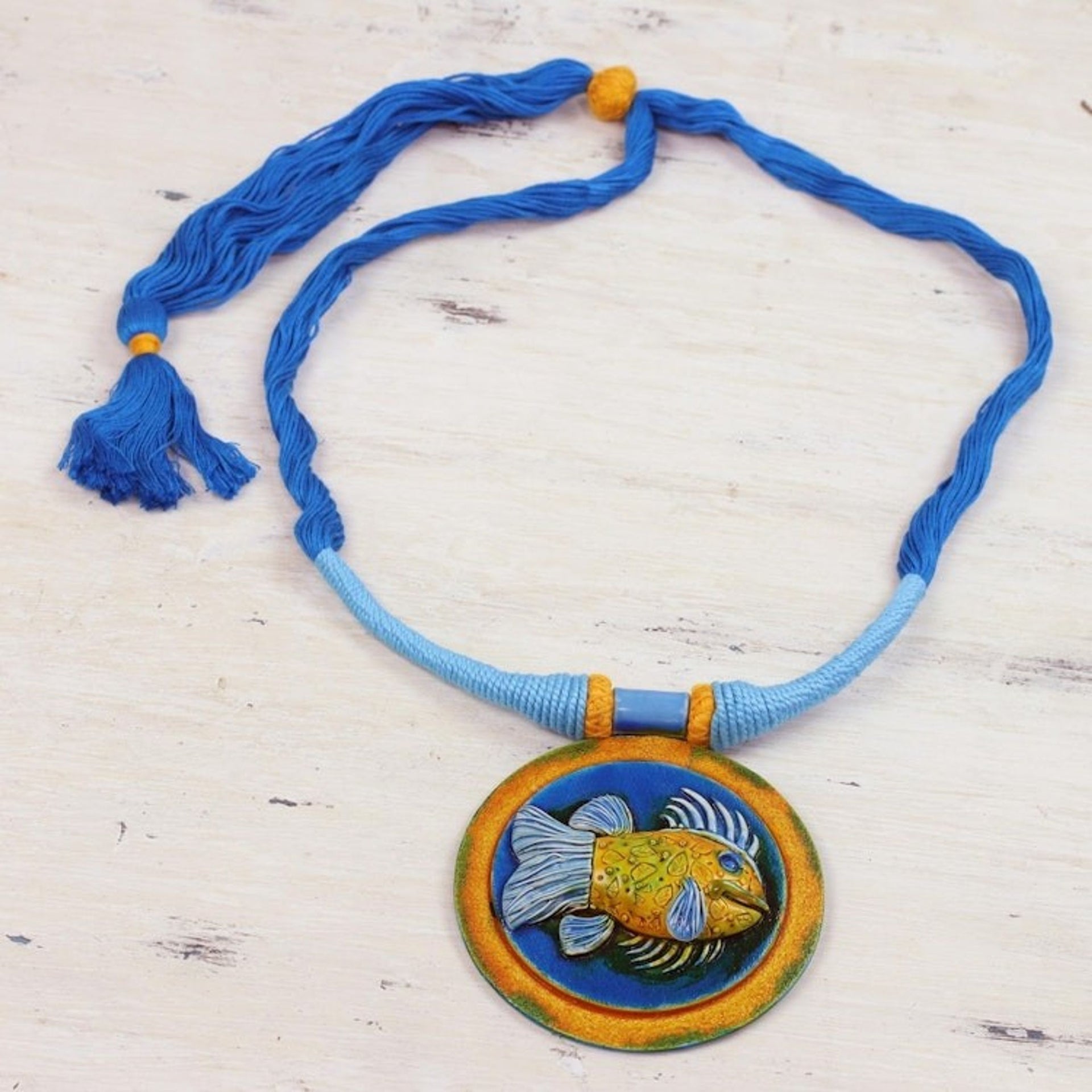 Ceramic and Cotton Fish Pendant Necklace in Blue from India 'Blue Angler'