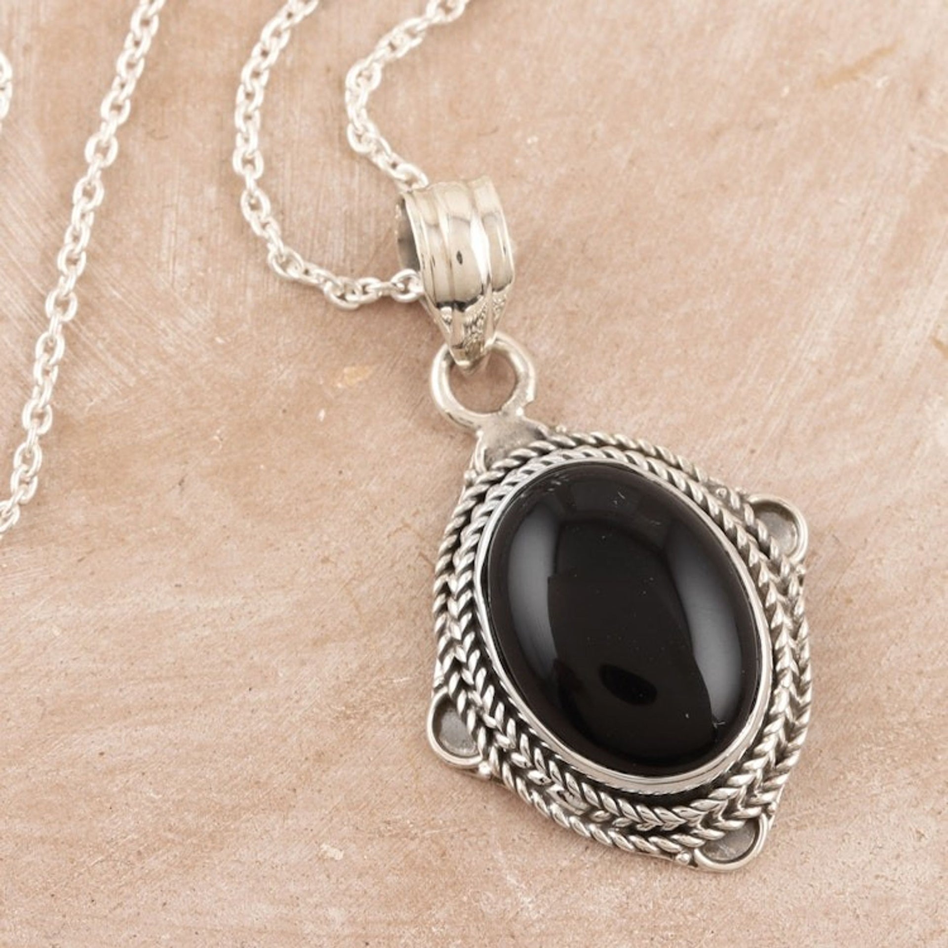 Black Onyx and Sterling Silver Pendant Necklace from India 'Nocturnal Allure'