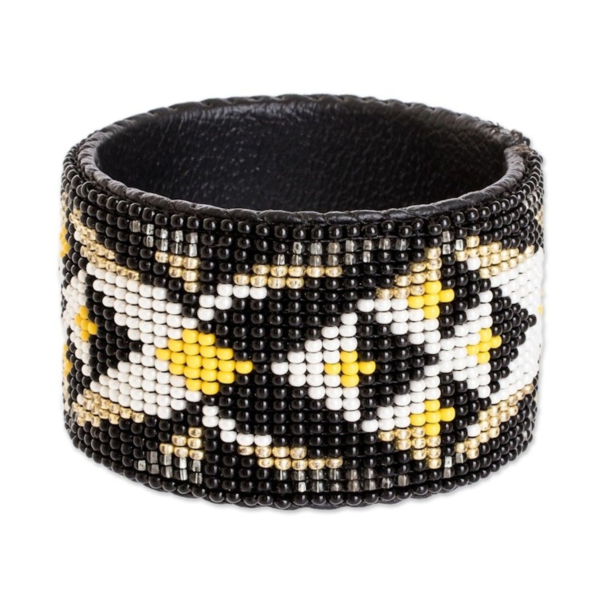 Handmade Beaded Leather Cuff Bracelet 'Transcendent Geometry'