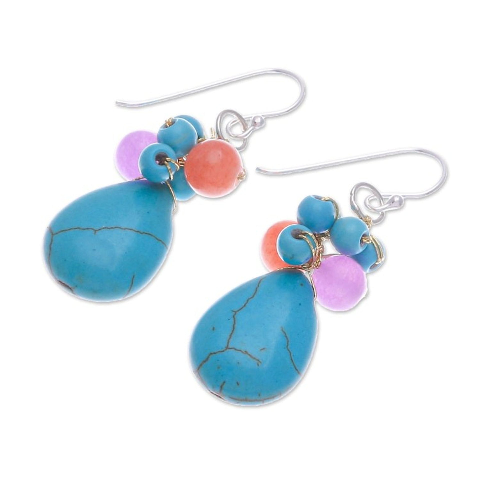 Handmade Howlite and Quartz Beaded Cluster Dangle Earrings 'Lagoon Drop'