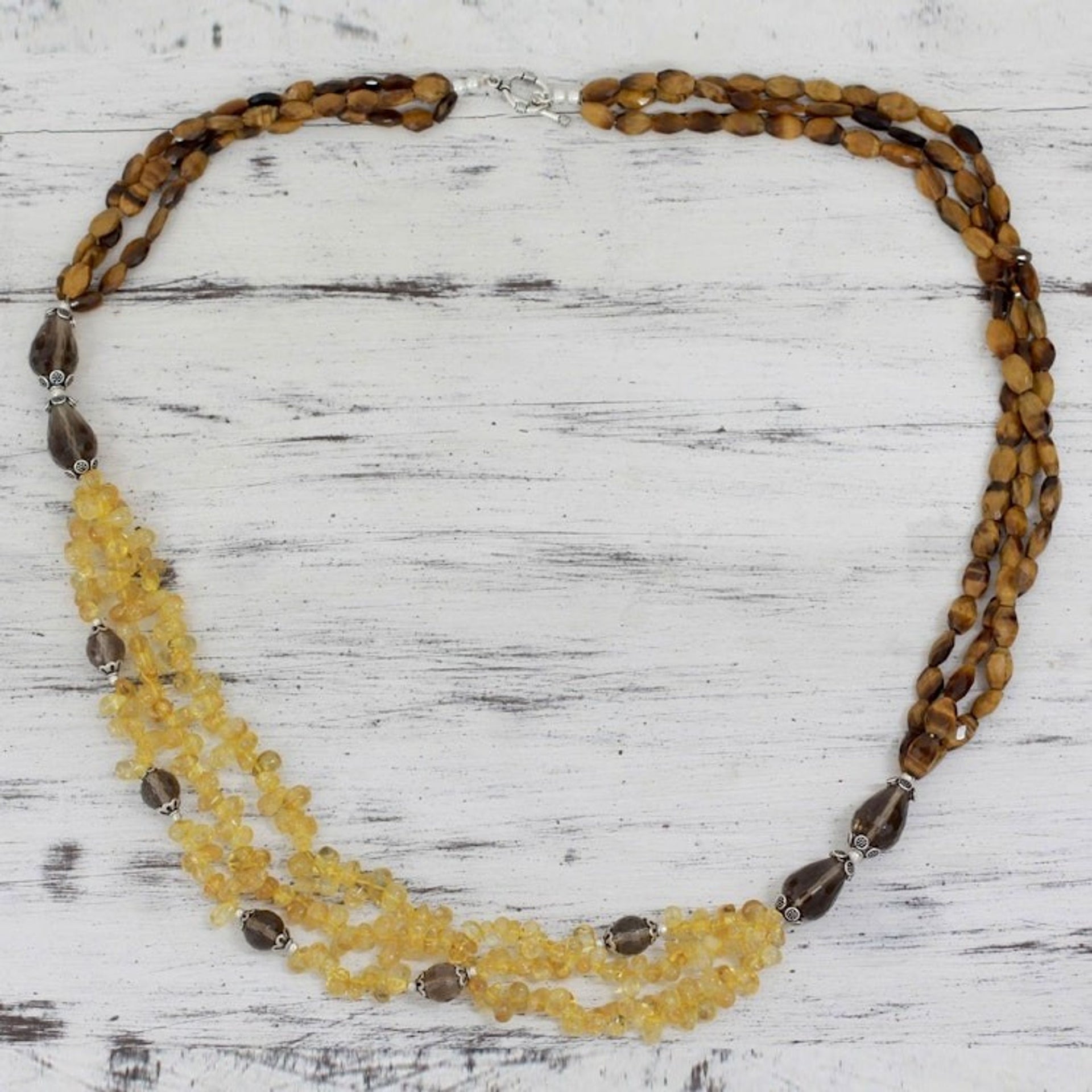 Artisan Crafted Tiger's Eye and Citrine Long Necklace 'Golden Earth'