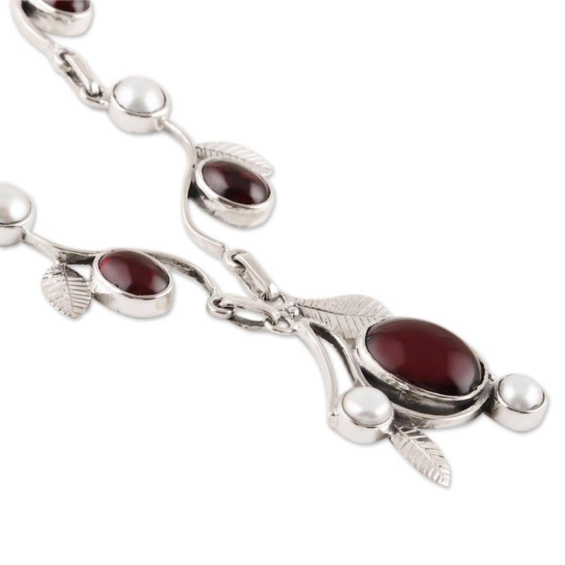 Leaf Motif Garnet and Cultured Pearl Necklace from India 'Enthralling Beauty'