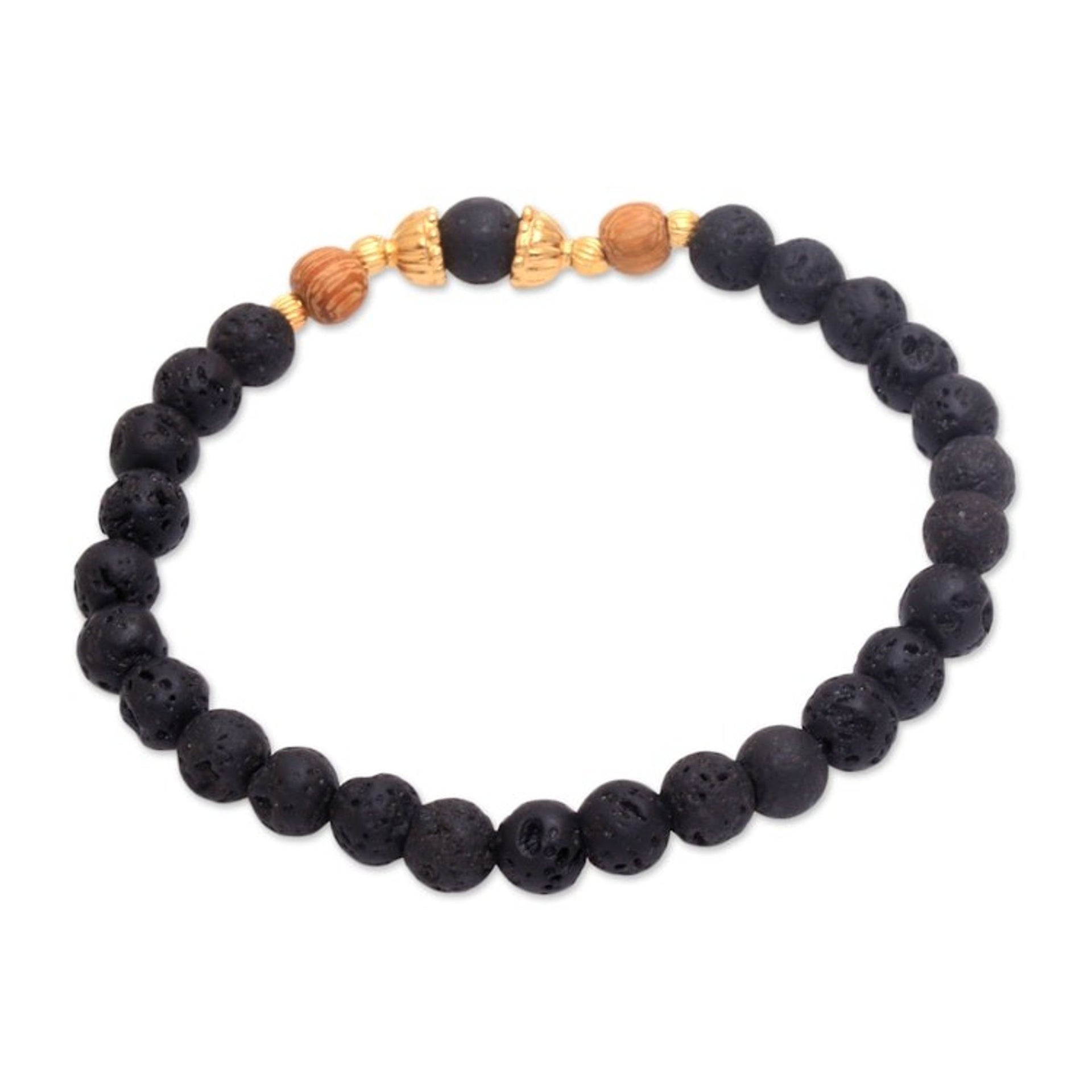Lava Stone Bracelet with Gold Plated Beads 'Batuan Tune'