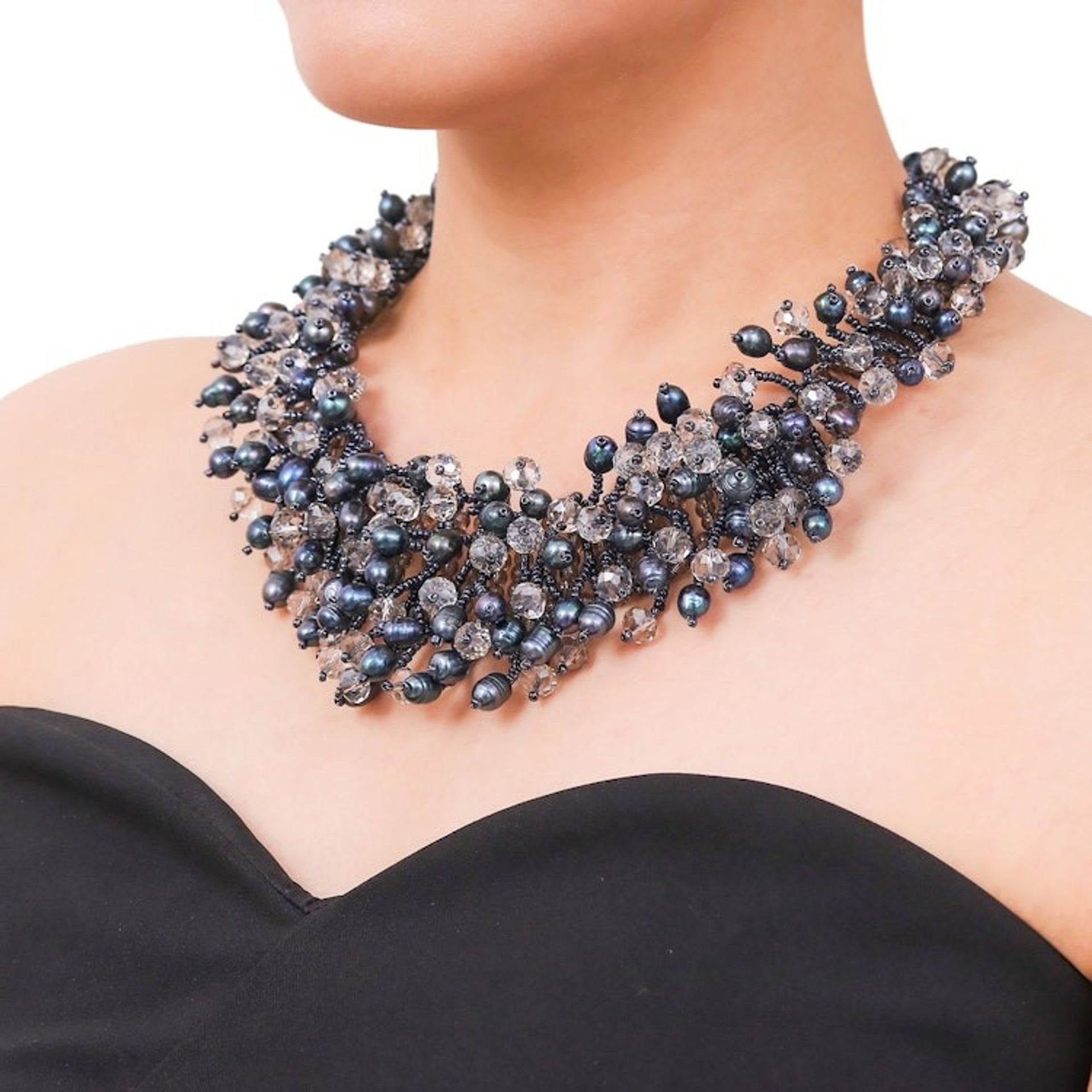 Clear Glass Beaded Waterfall Necklace with Black Pearls 'Rain of Mystery'