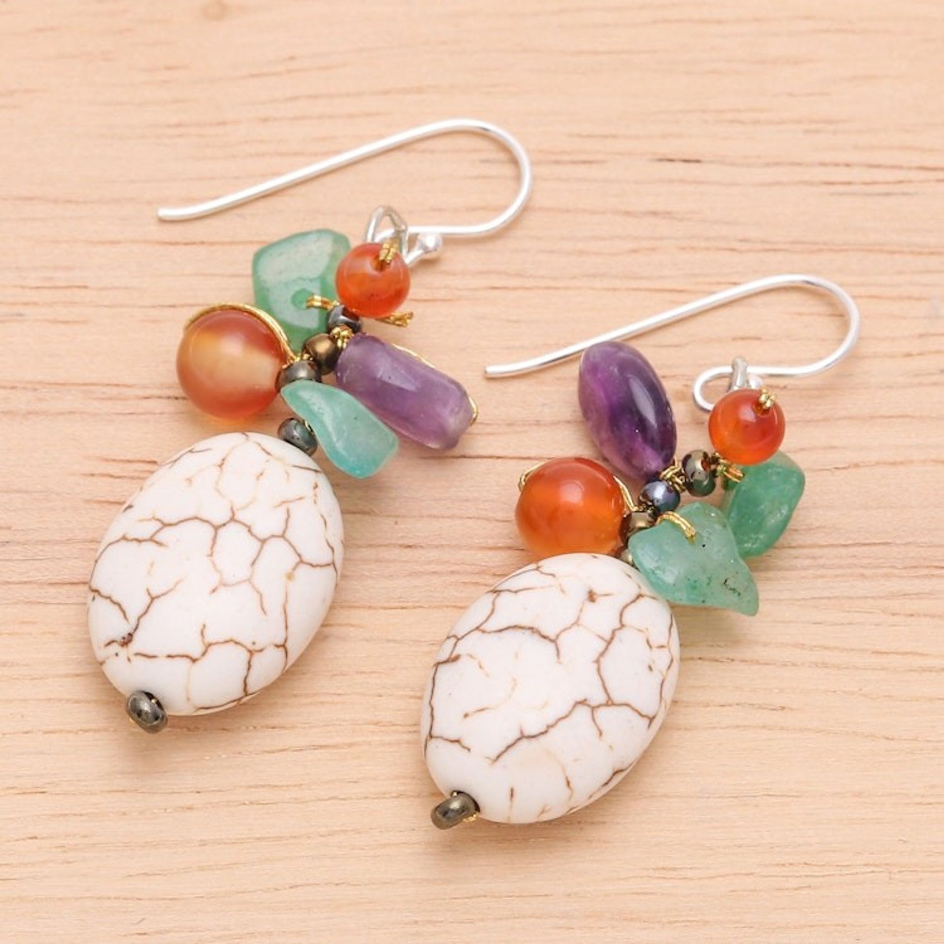 Cluster Dangle Earrings with Howlite and Gemstone Beads 'Crackled Spring'