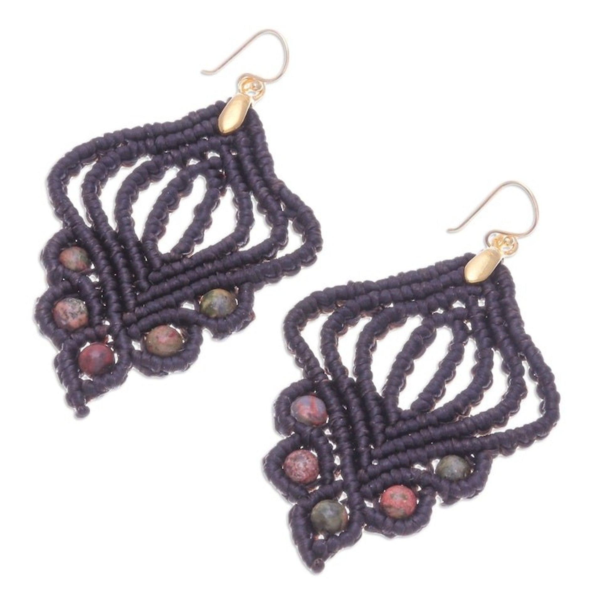 Gold-Accented Unakite Macrame Dangle Earrings 'Hidden Dreams'