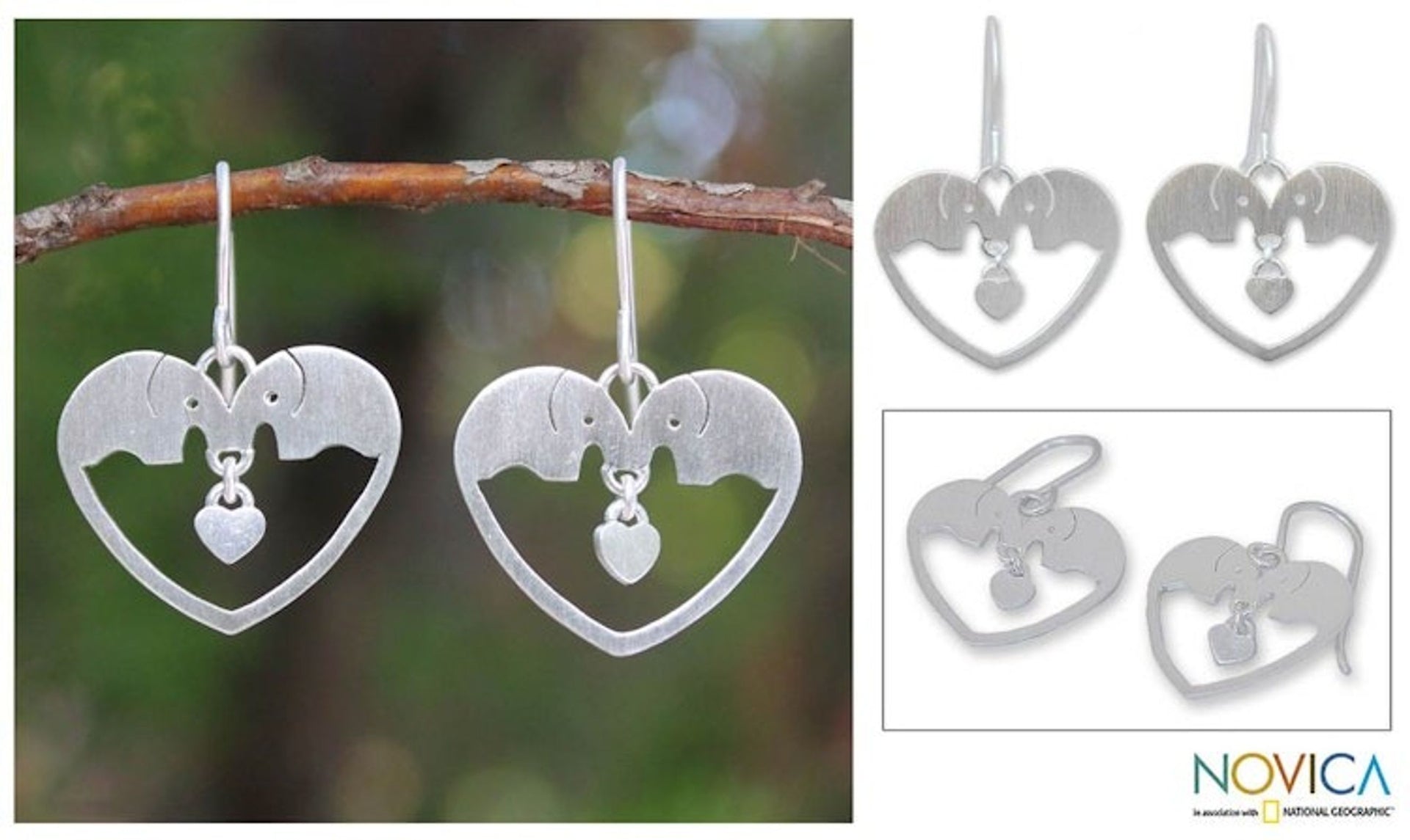 Sterling Silver Dangle Earrings 'Elephants in Love'