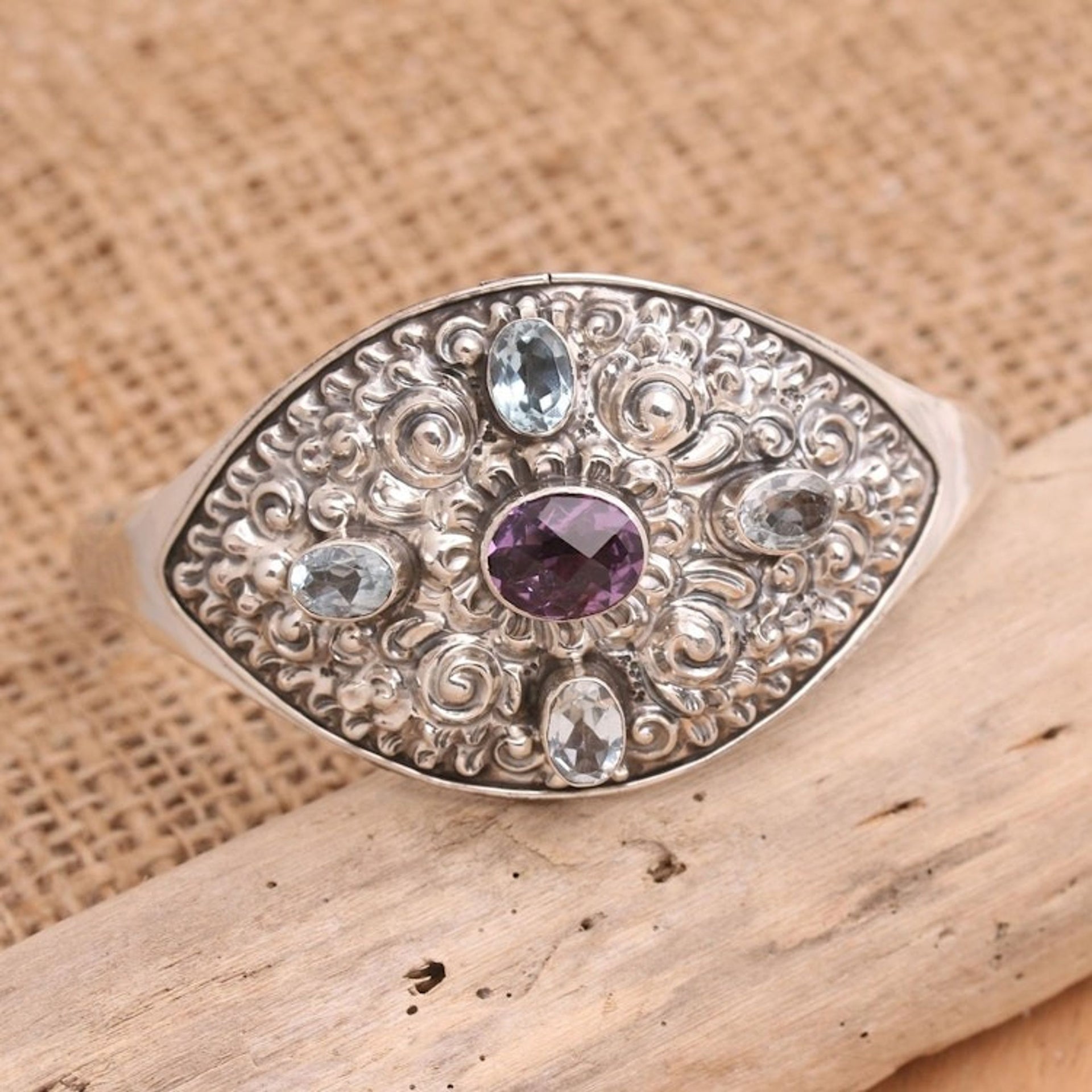 Handmade Blue Topaz and Amethyst Cuff Bracelet 'Elephant Cave in Blue'