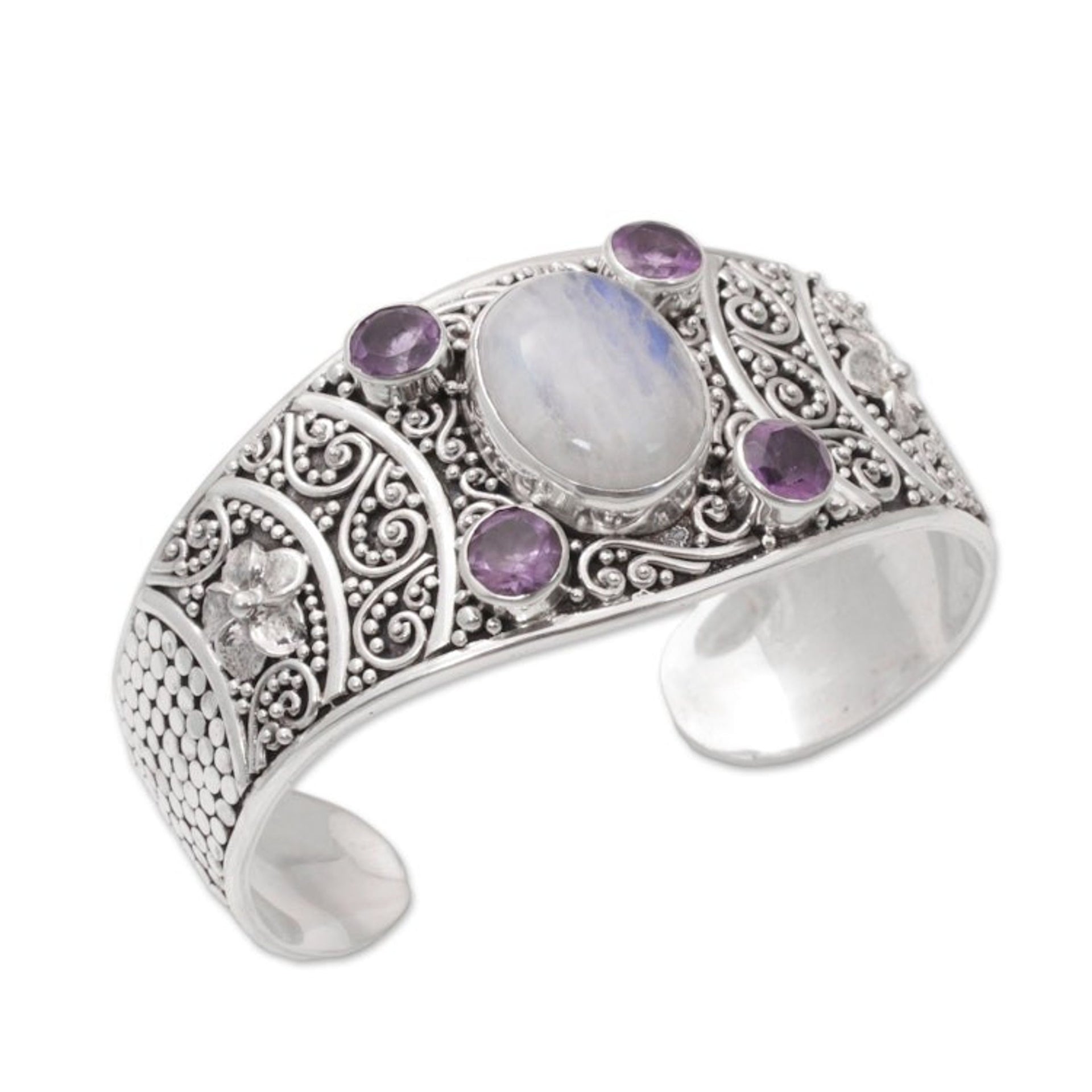 Rainbow Moonstone and Amethyst Cuff Bracelet from Bali 'Misty Bouquet'